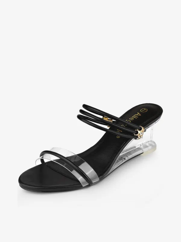 Open Toe Faux Leather Low Wedge Clear Heel Slide Sandals sold by Allegra K