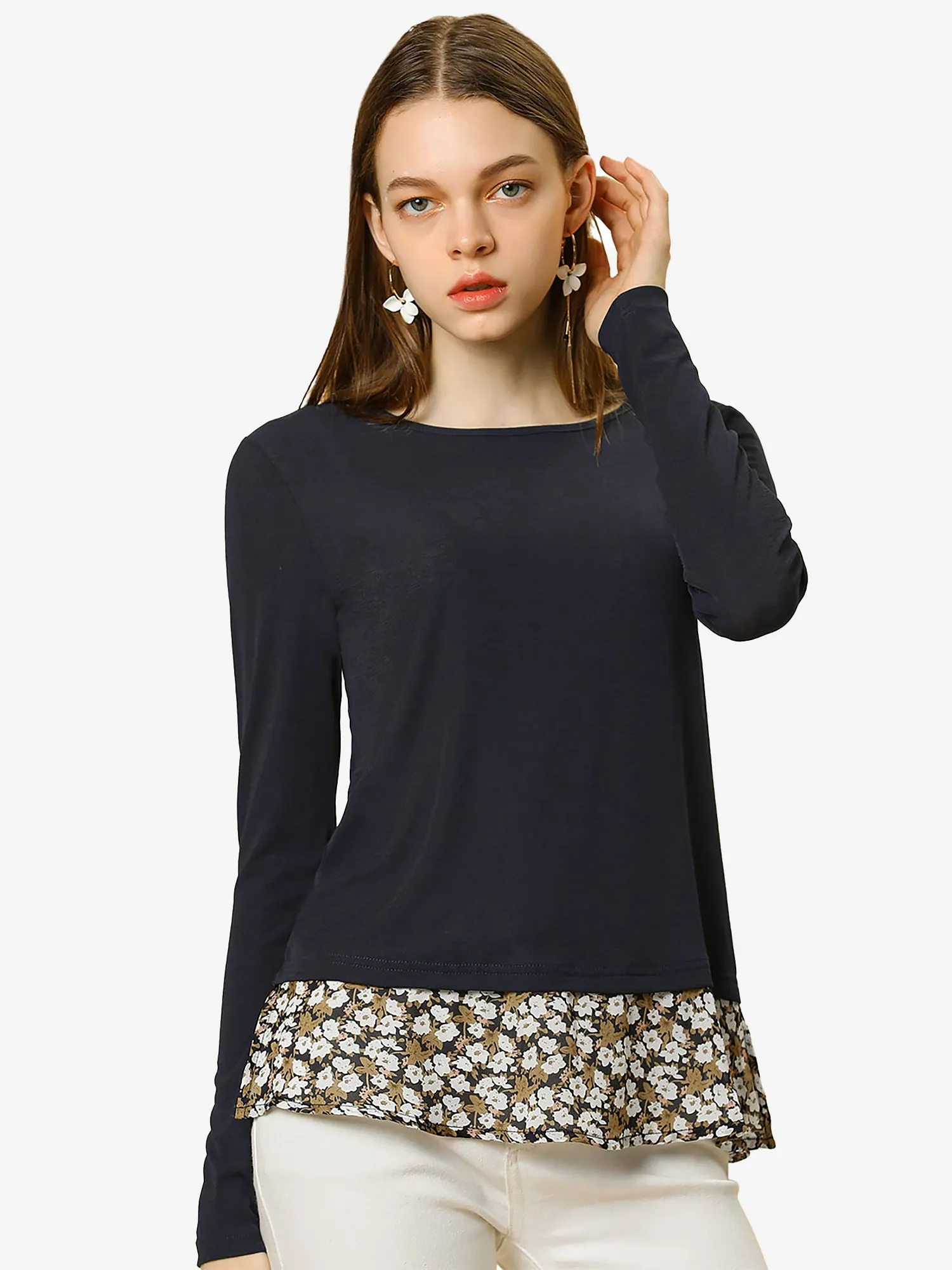 Floral Hem Crew Neck Long Sleeve Top Side Slits Work Blouse sold by Allegra K