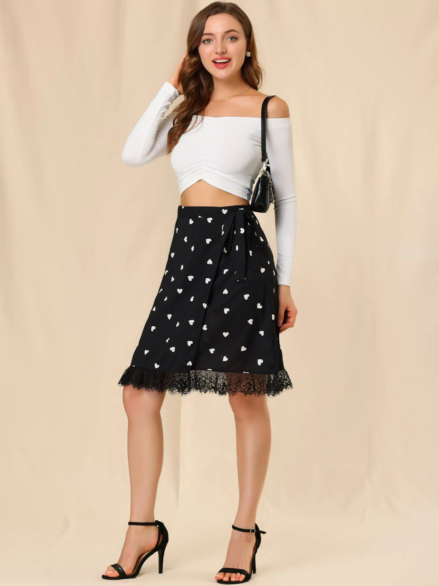 Heart Lace Trim Tie Waist Chiffon Midi Wrap Skirt sold by Allegra K product image thumbnail 2