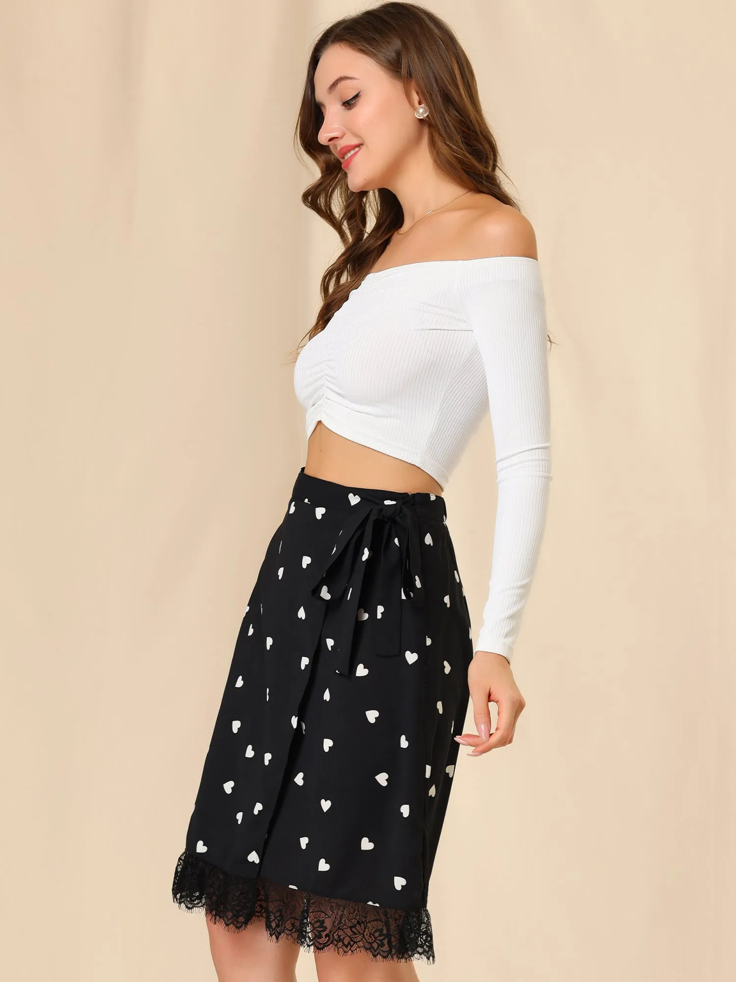 Heart Lace Trim Tie Waist Chiffon Midi Wrap Skirt sold by Allegra K product image thumbnail 3