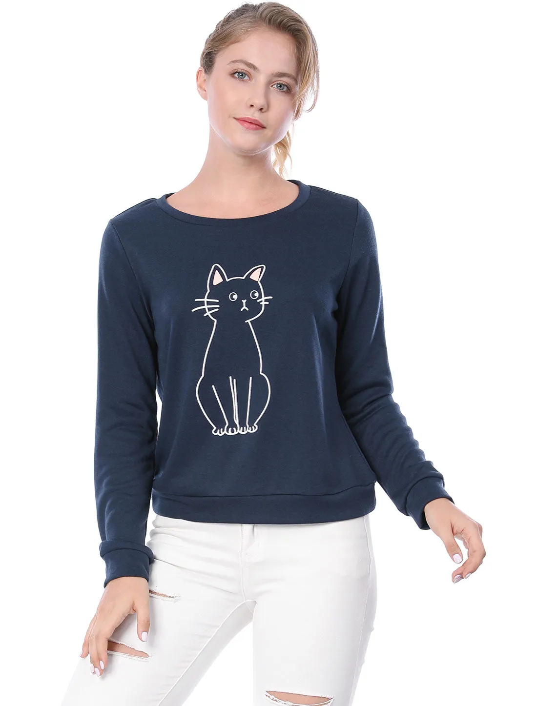 Round Neck Long Sleev Cat Printed Winter Sweatshirt sold by Allegra K product image thumbnail 3