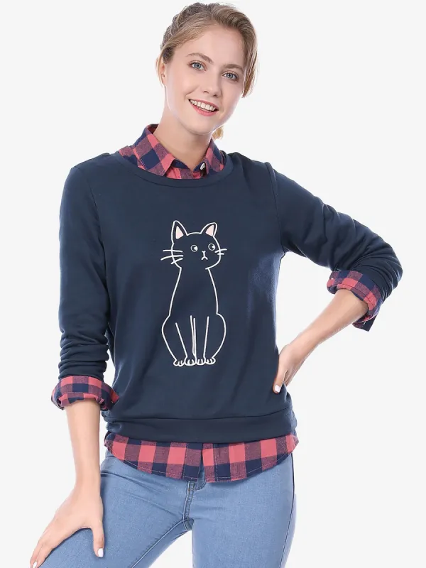 Round Neck Long Sleev Cat Printed Winter Sweatshirt sold by Allegra K