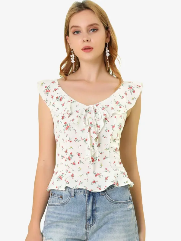 Summer Sleeveless Ruffle Smocked Back Tank Top Floral Blouse sold by Allegra K