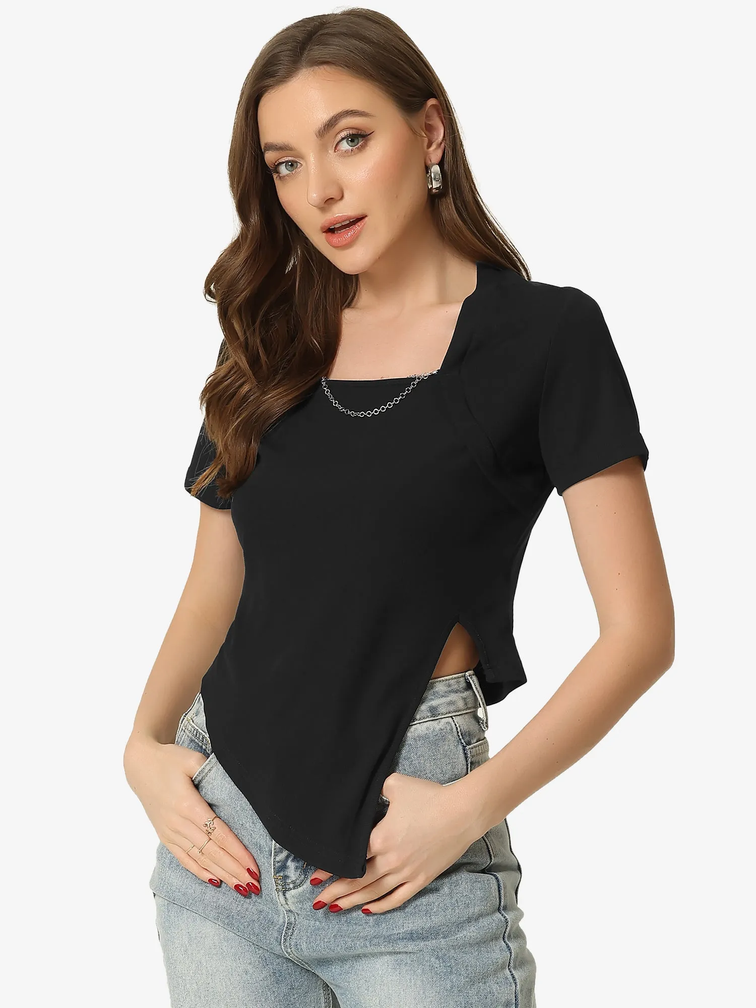 Short Sleeve Square Neck Asymmetrical Split Crop Top sold by Allegra K