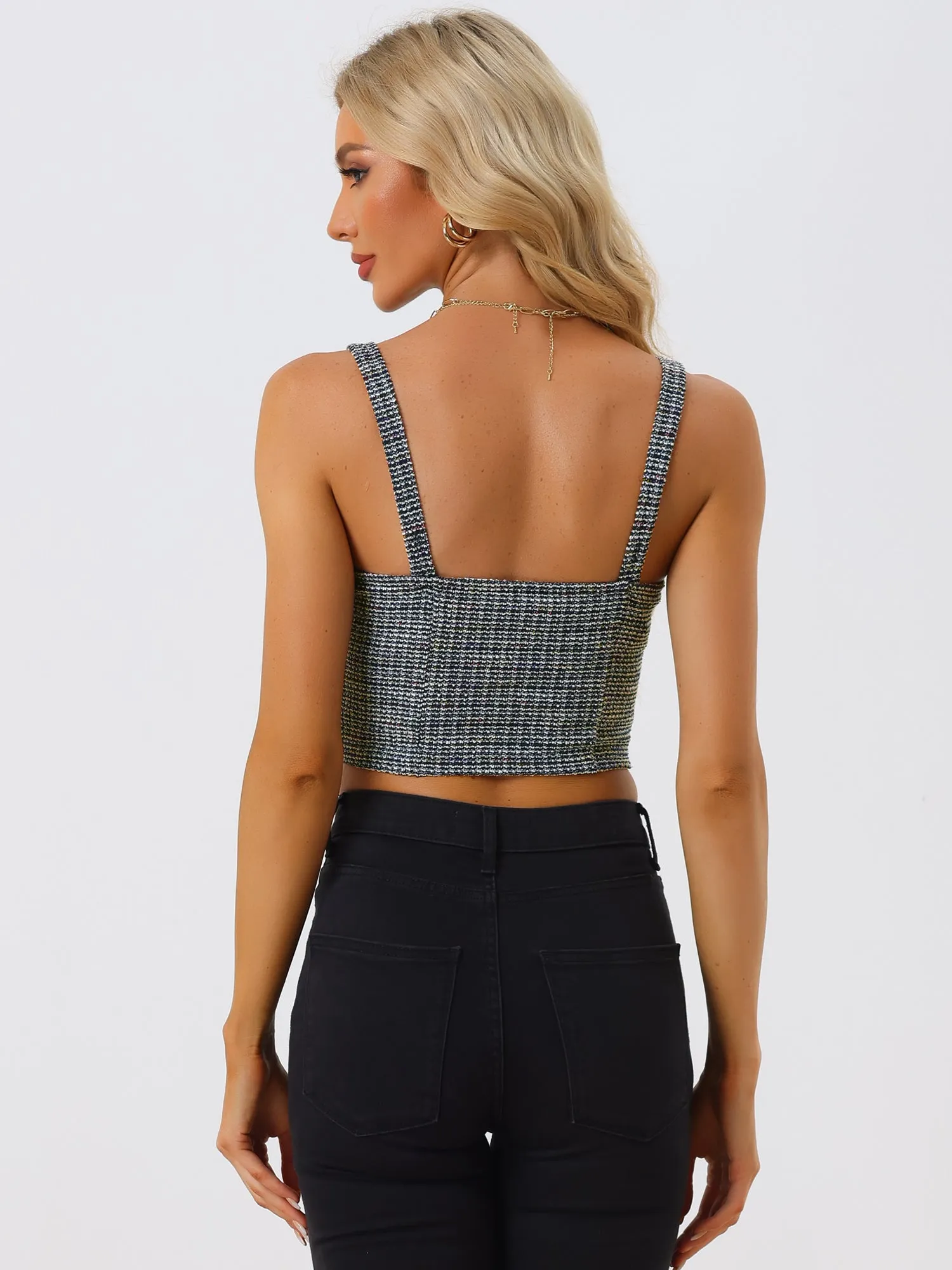 Tweed Plaid Sweetheart Neck Bustier Corset Strap Crop Top sold by Allegra K product image thumbnail 3