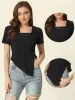 Short Sleeve Square Neck Asymmetrical Split Crop Top sold by Allegra K