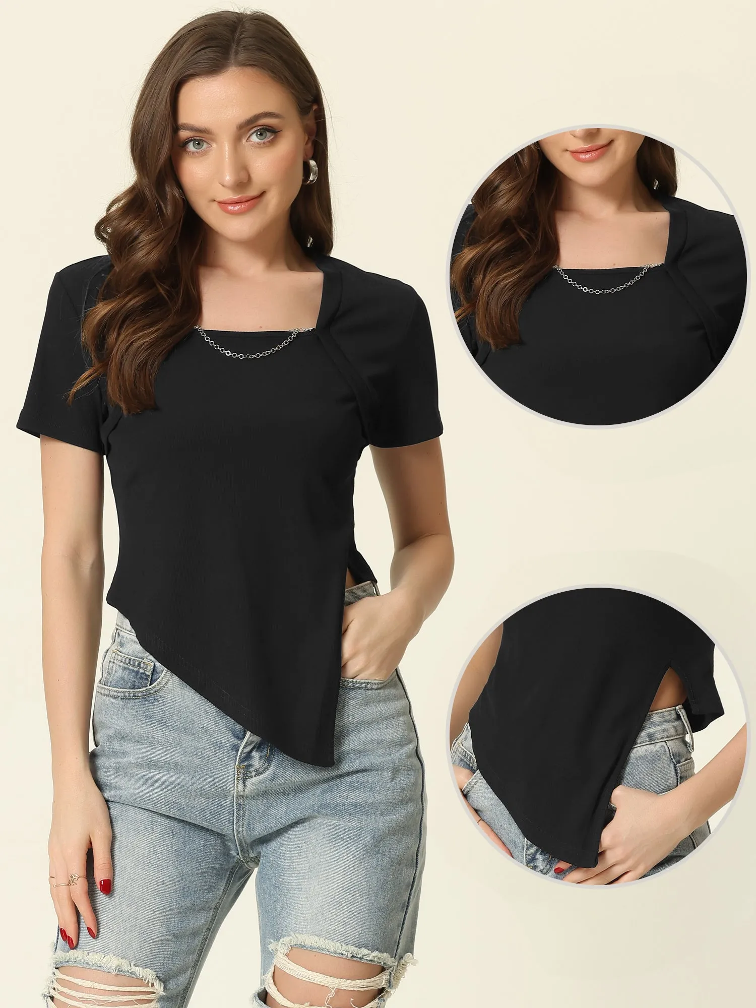 Short Sleeve Square Neck Asymmetrical Split Crop Top sold by Allegra K product image thumbnail 2