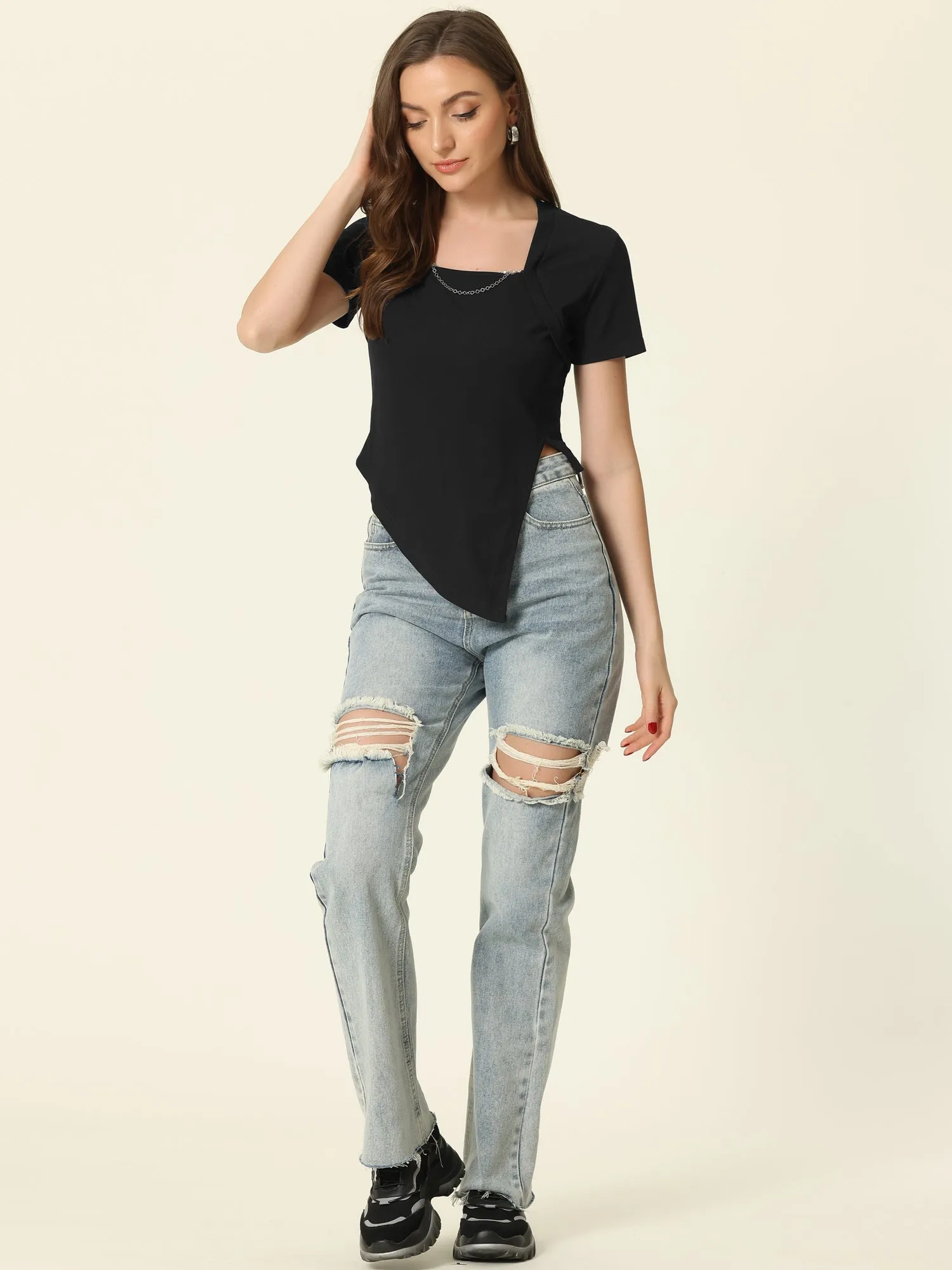 Short Sleeve Square Neck Asymmetrical Split Crop Top sold by Allegra K product image thumbnail 4