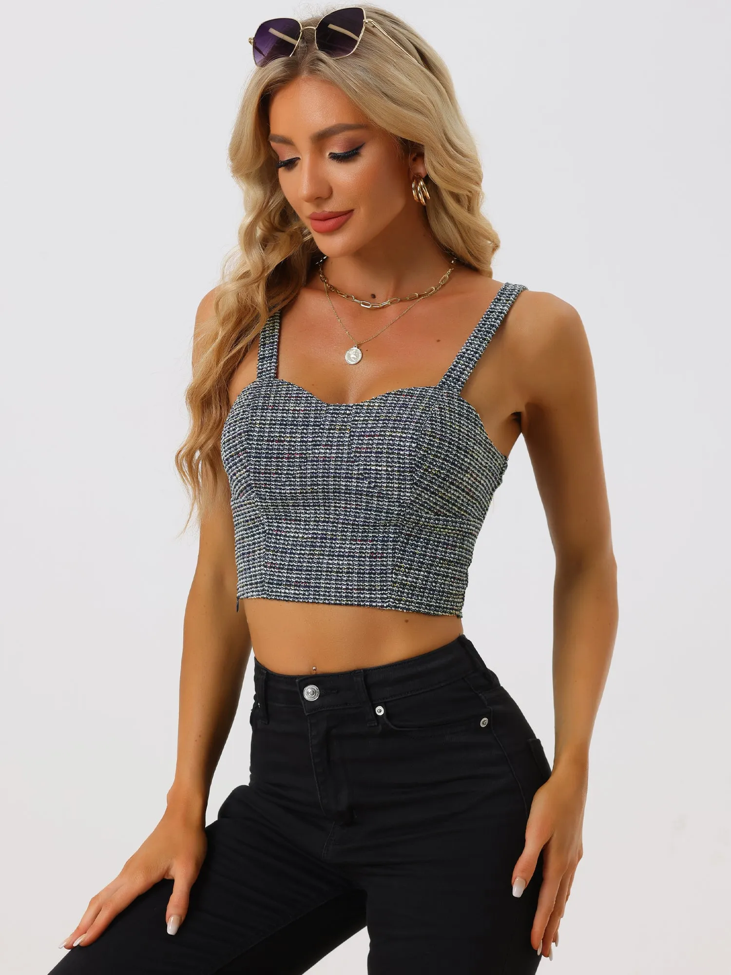 Tweed Plaid Sweetheart Neck Bustier Corset Strap Crop Top sold by Allegra K product image thumbnail 4