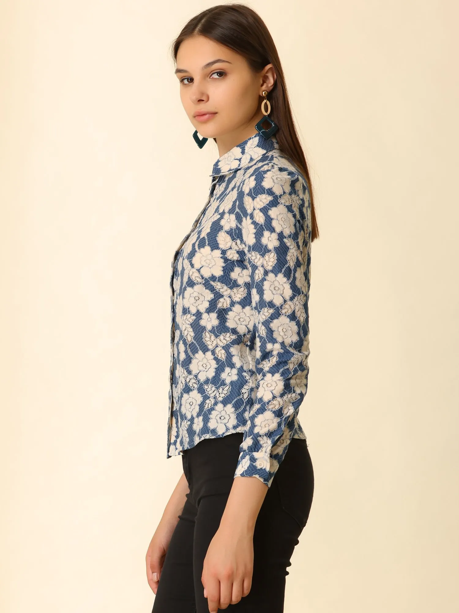 Crochet Lace Button Down Shirt Long Sleeve Floral Blouse sold by Allegra K product image thumbnail 3