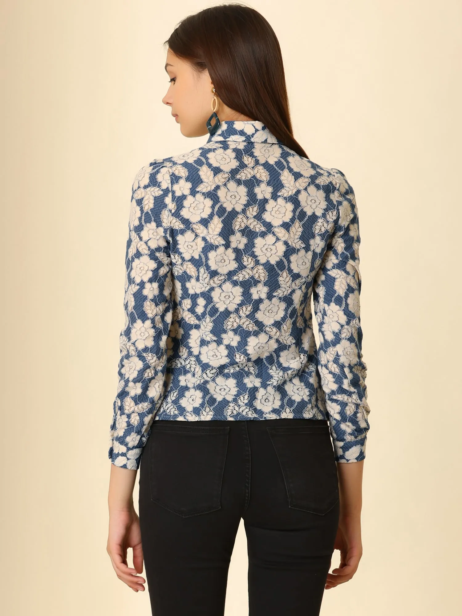 Crochet Lace Button Down Shirt Long Sleeve Floral Blouse sold by Allegra K product image thumbnail 4