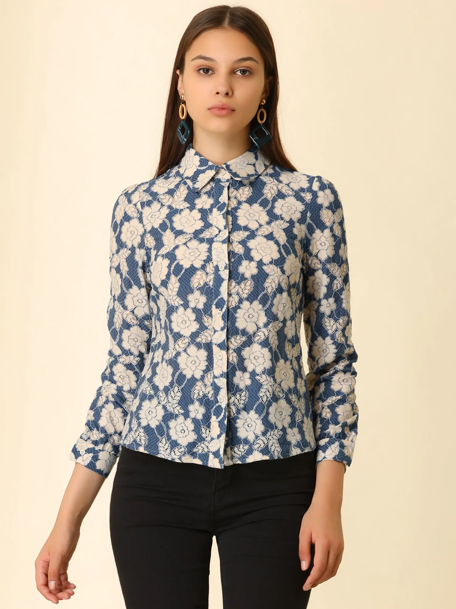 Crochet Lace Button Down Shirt Long Sleeve Floral Blouse sold by Allegra K product image thumbnail 2