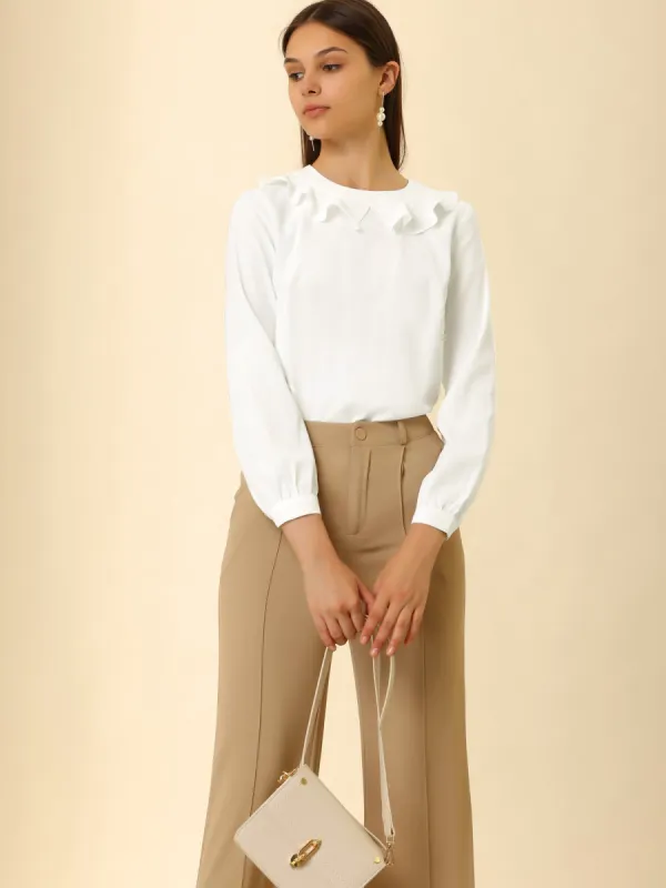Office Work Long Sleeve Crew Neck Ruffle Decor Solid Blouse sold by Allegra K