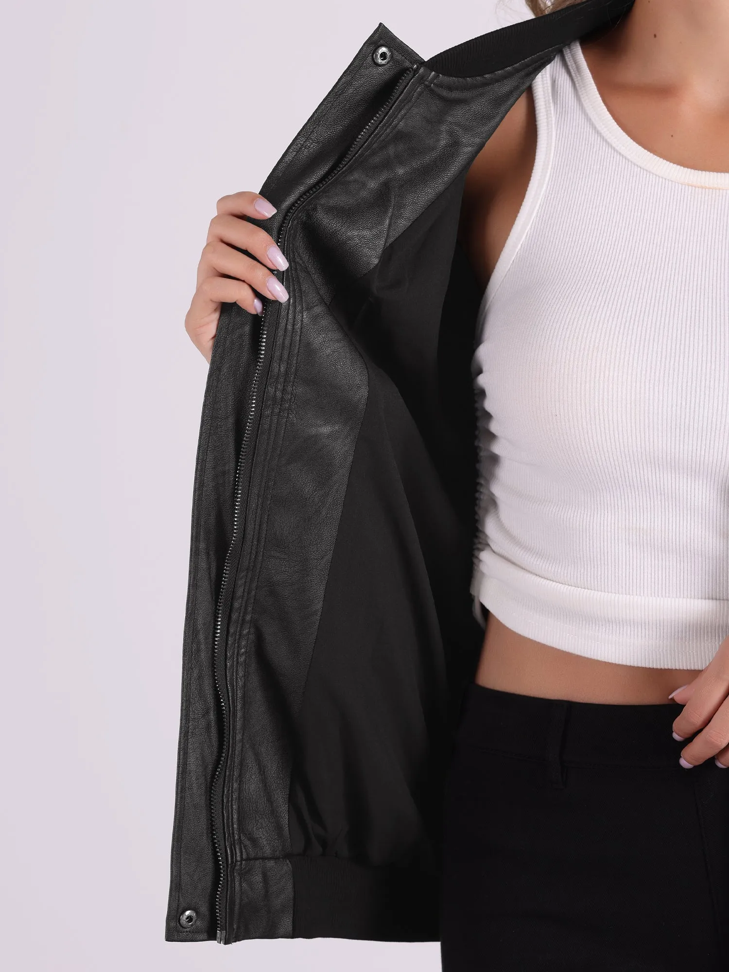 Zip Up Oversized Faux Leather Moto Bomber Jacket sold by Allegra K product image thumbnail 4