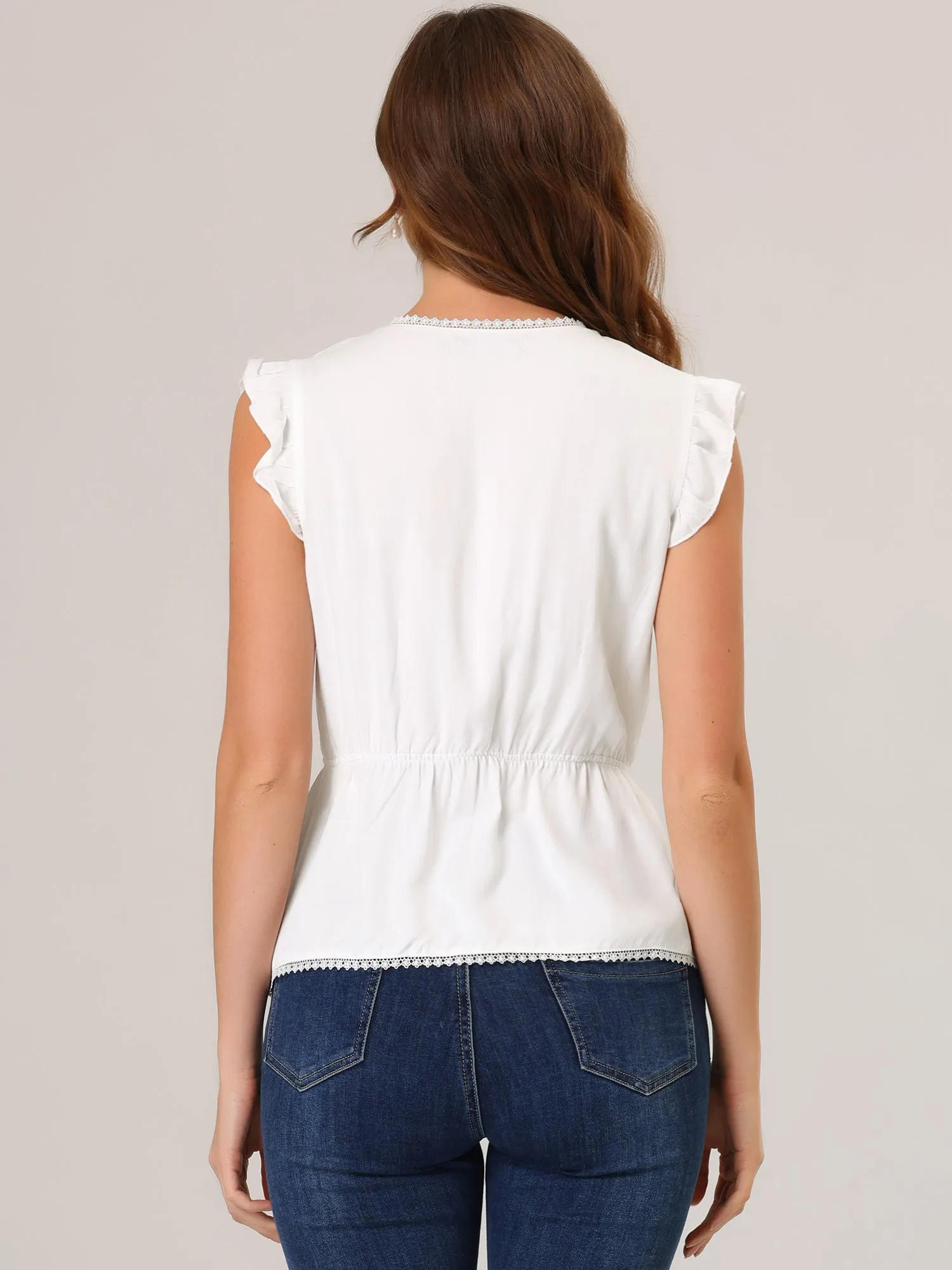 Ruffle Flutter Sleeve Lace Trim V Neck Peplum Blouse Top sold by Allegra K product image thumbnail 4