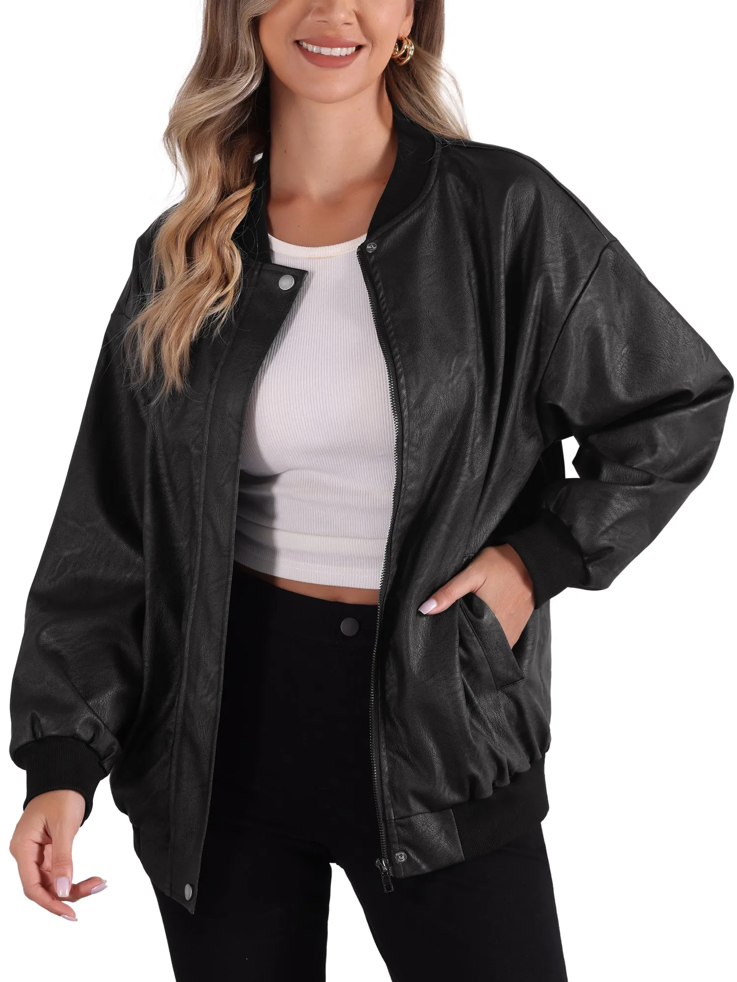 Zip Up Oversized Faux Leather Moto Bomber Jacket sold by Allegra K product image thumbnail 5