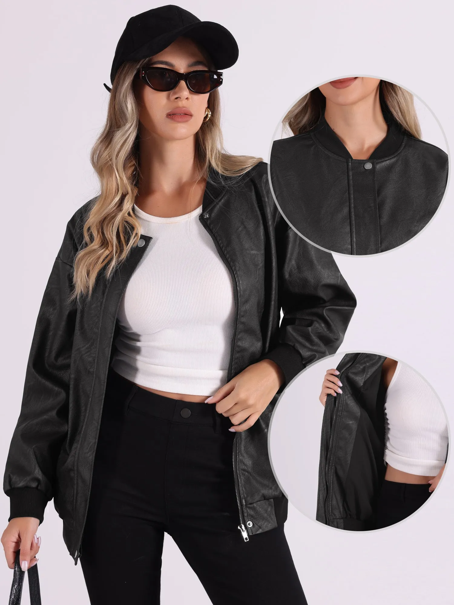 Zip Up Oversized Faux Leather Moto Bomber Jacket sold by Allegra K