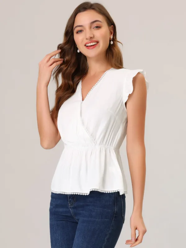 Ruffle Flutter Sleeve Lace Trim V Neck Peplum Blouse Top sold by Allegra K