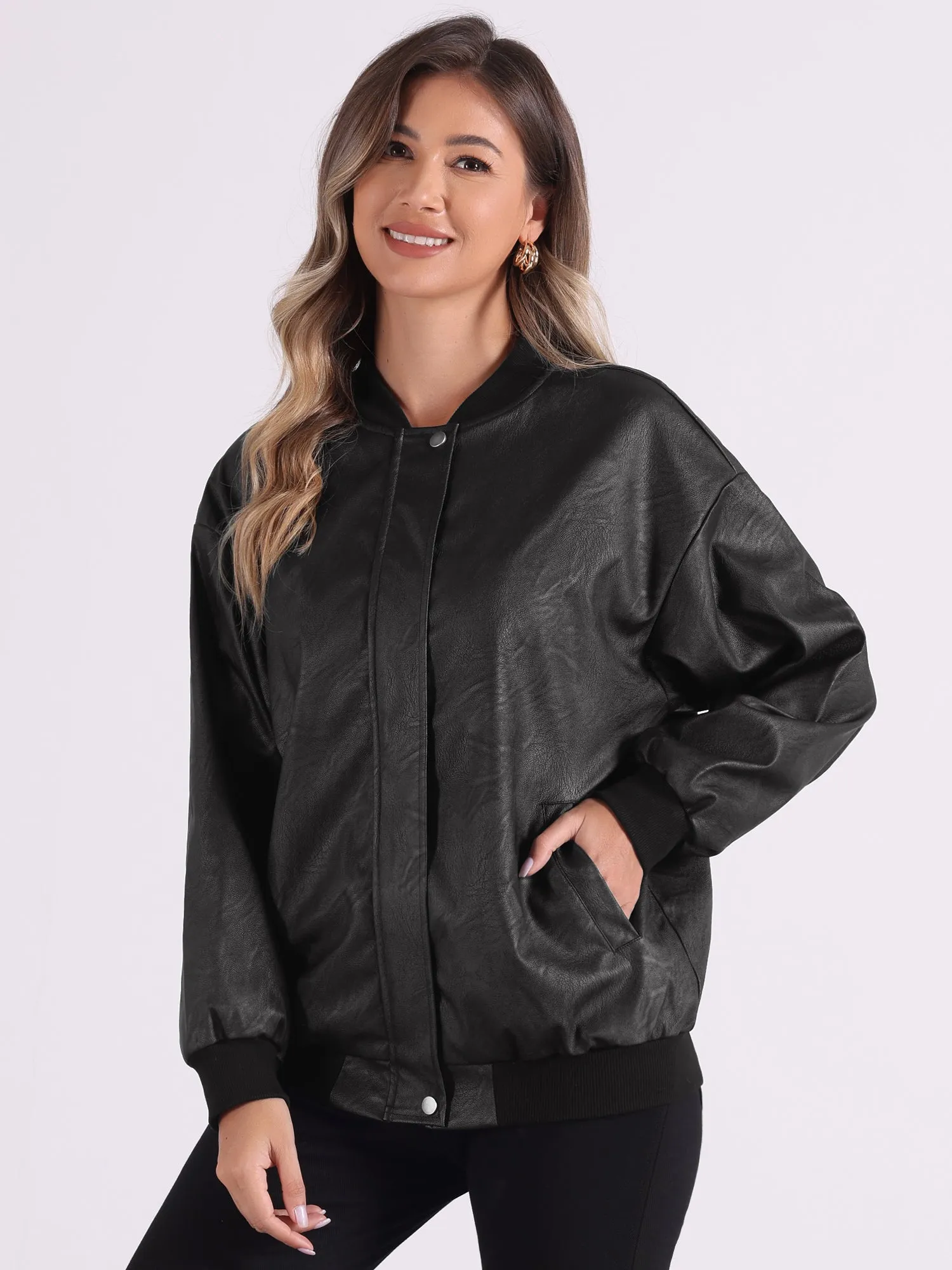 Zip Up Oversized Faux Leather Moto Bomber Jacket sold by Allegra K product image thumbnail 3