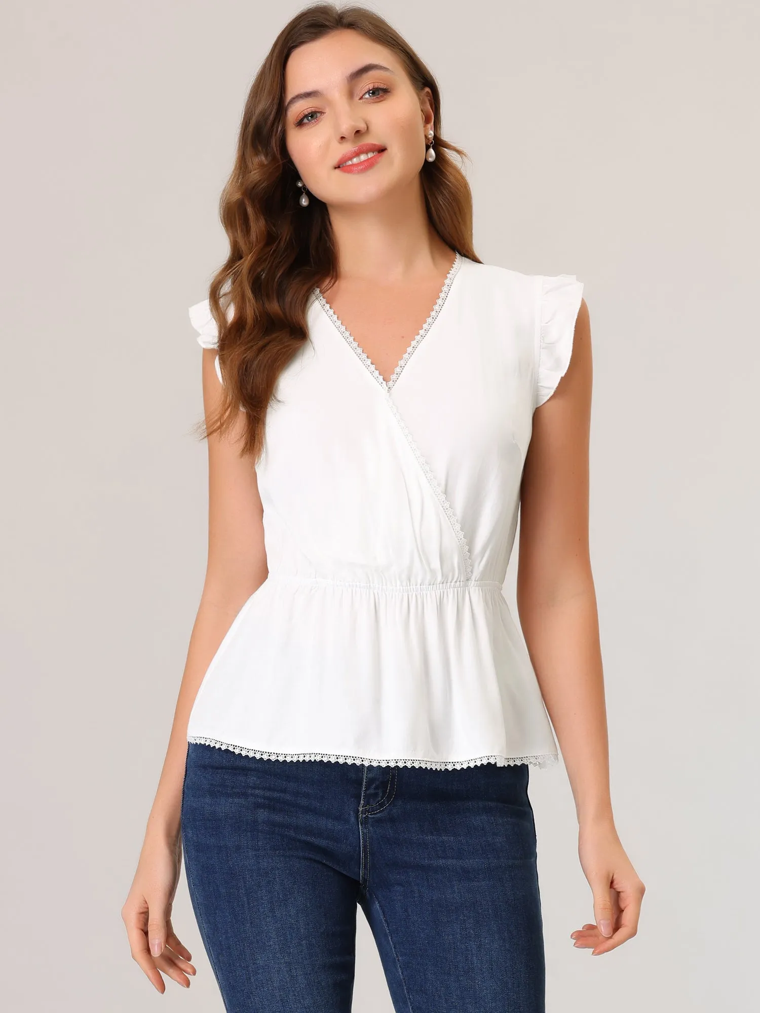 Ruffle Flutter Sleeve Lace Trim V Neck Peplum Blouse Top sold by Allegra K product image thumbnail 3