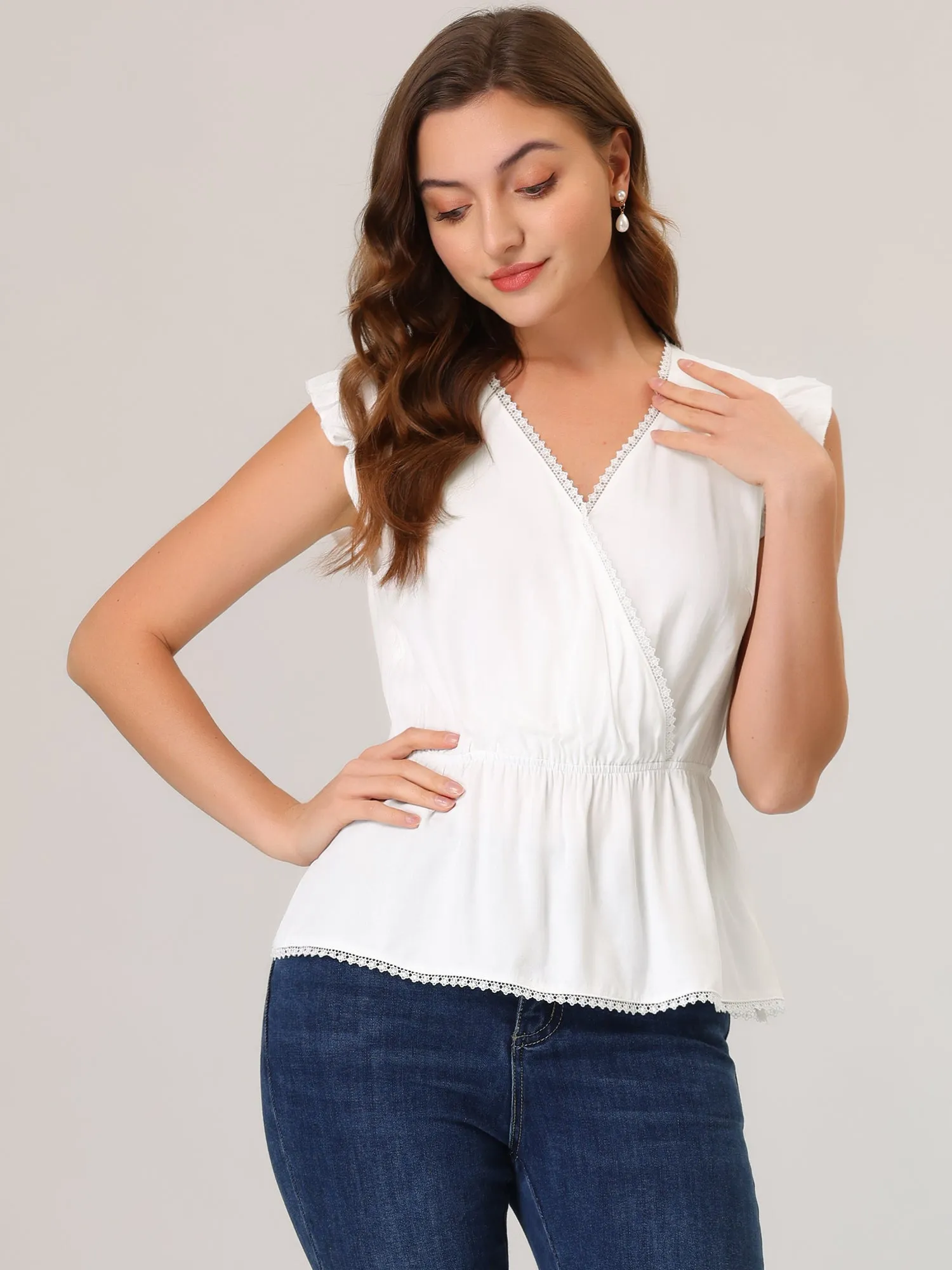 Ruffle Flutter Sleeve Lace Trim V Neck Peplum Blouse Top sold by Allegra K product image thumbnail 2