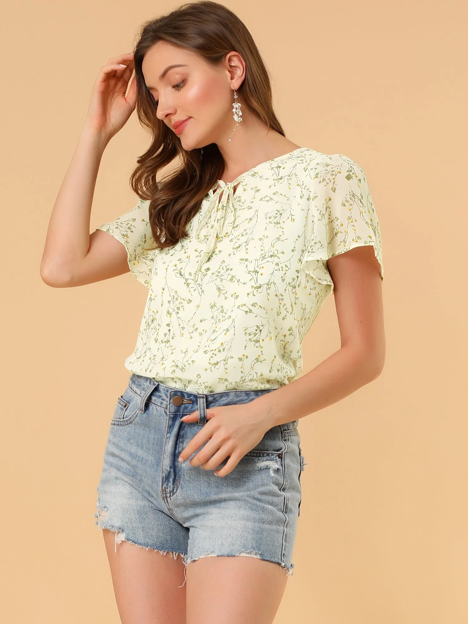 Tie V Neck Flutter Sleeve Elegant Top Floral Blouse sold by Allegra K product image thumbnail 2