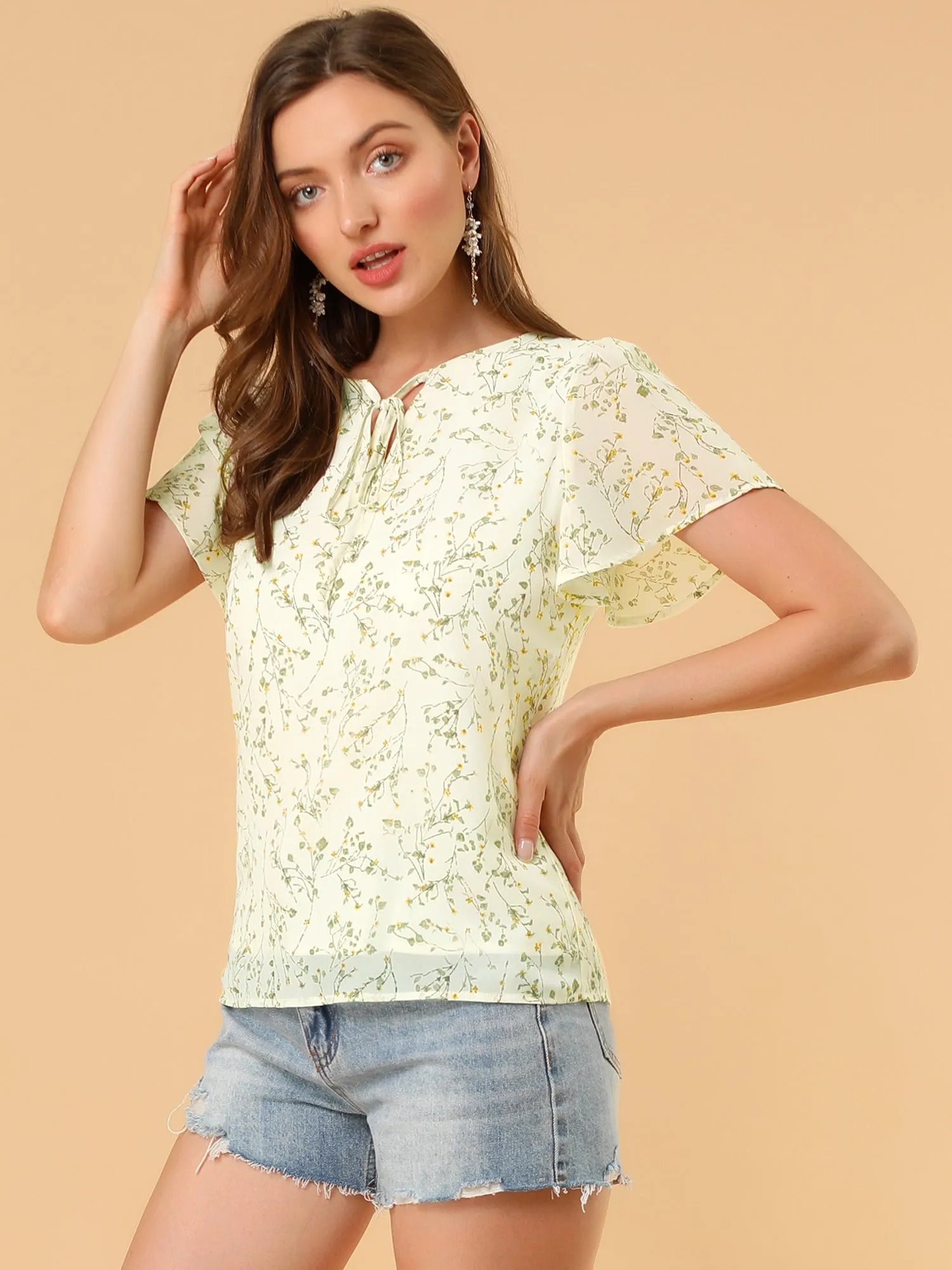 Tie V Neck Flutter Sleeve Elegant Top Floral Blouse sold by Allegra K product image thumbnail 4
