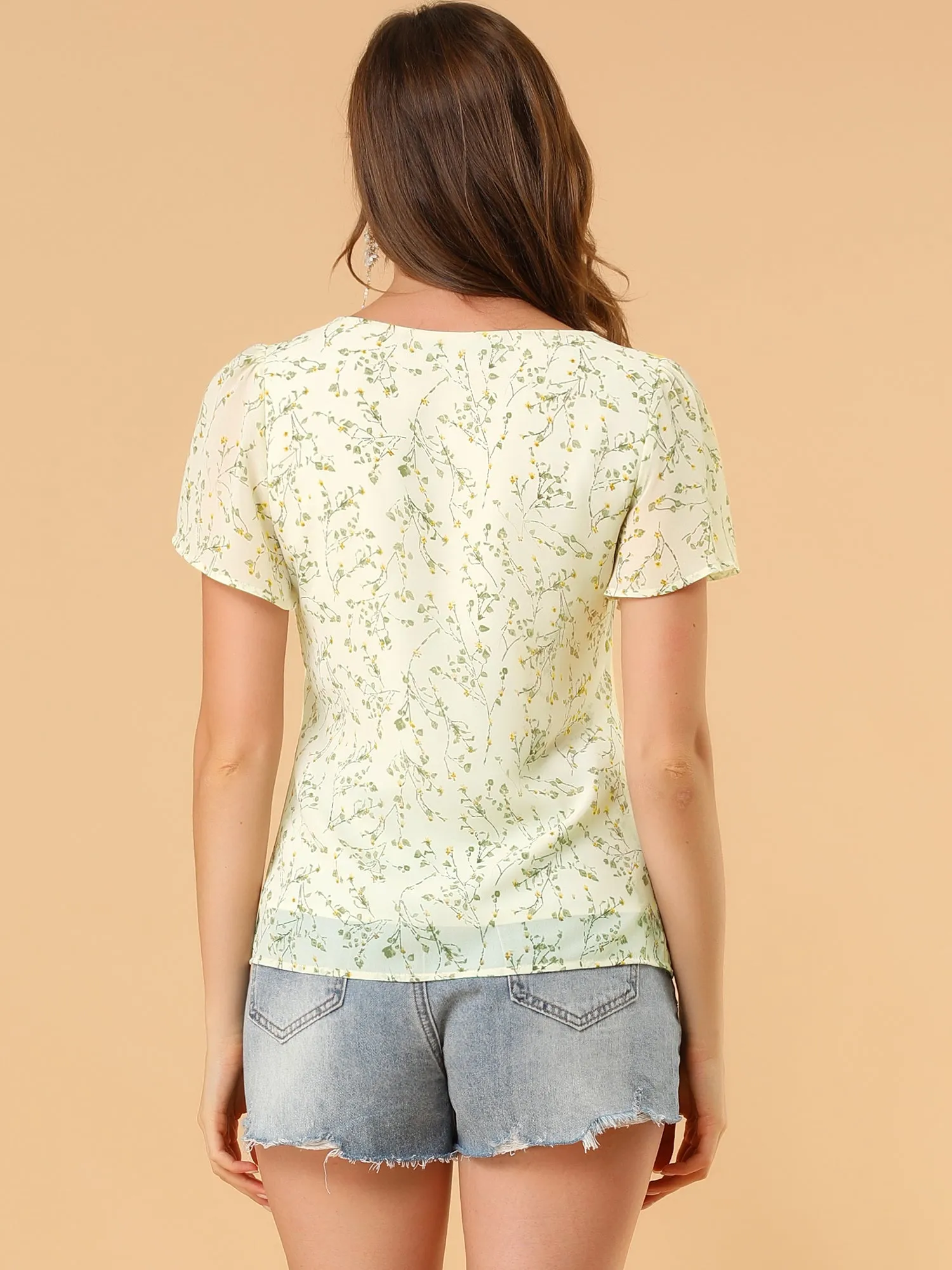 Tie V Neck Flutter Sleeve Elegant Top Floral Blouse sold by Allegra K product image thumbnail 5