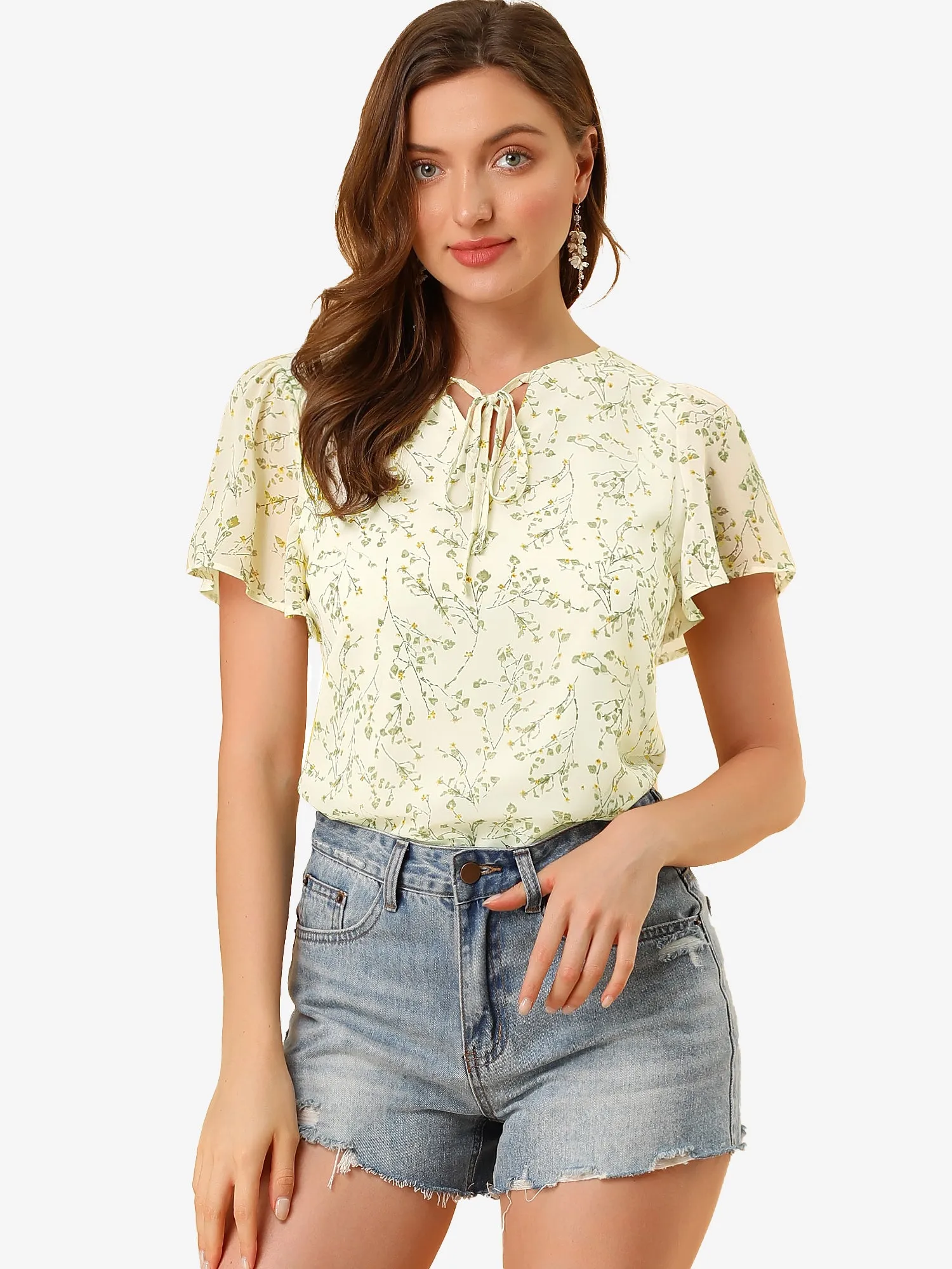 Tie V Neck Flutter Sleeve Elegant Top Floral Blouse sold by Allegra K