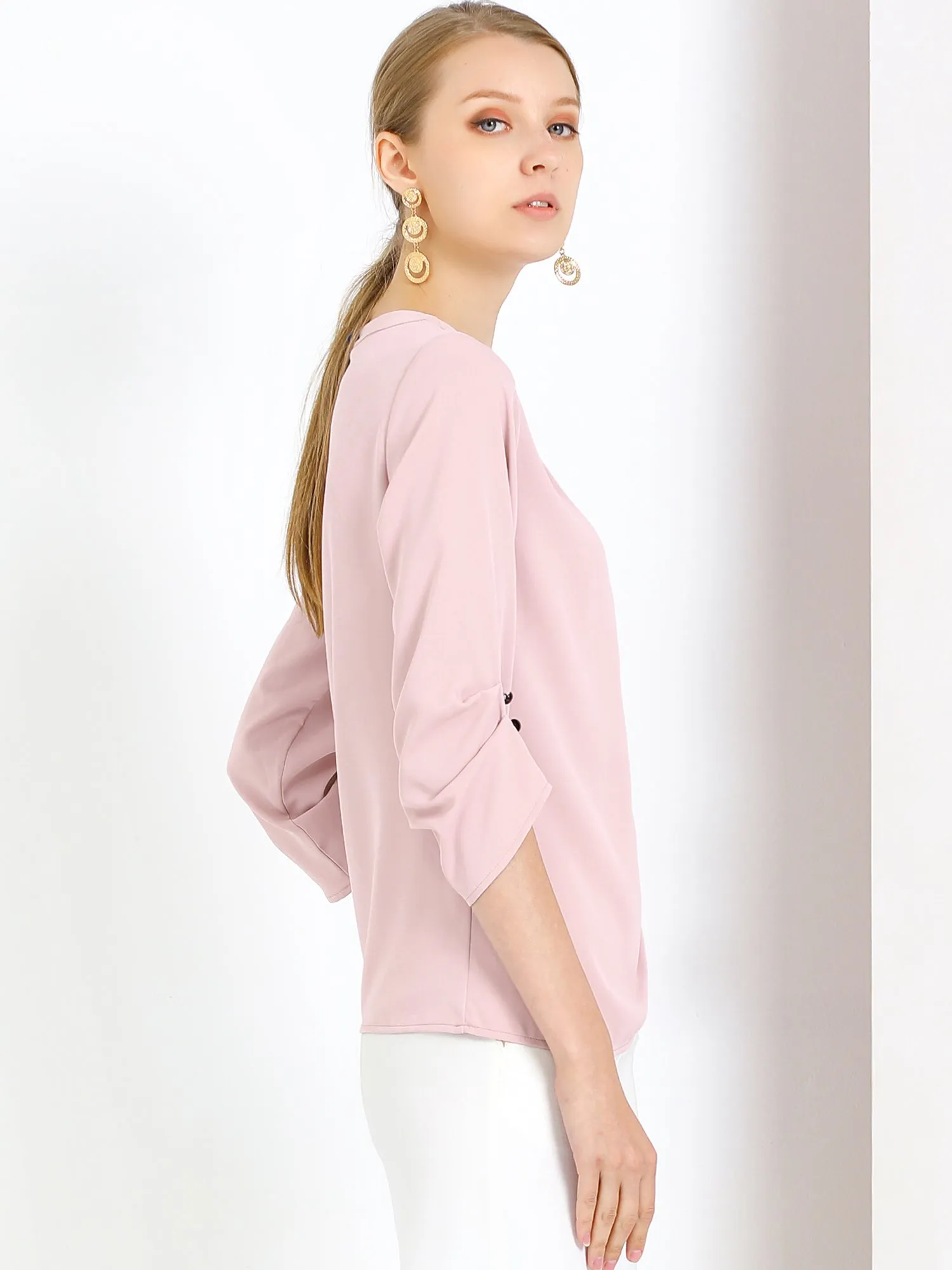 Office Keyhole Pleated Front Ruched 3/4 Sleeve Chiffon Blouse sold by Allegra K product image thumbnail 3