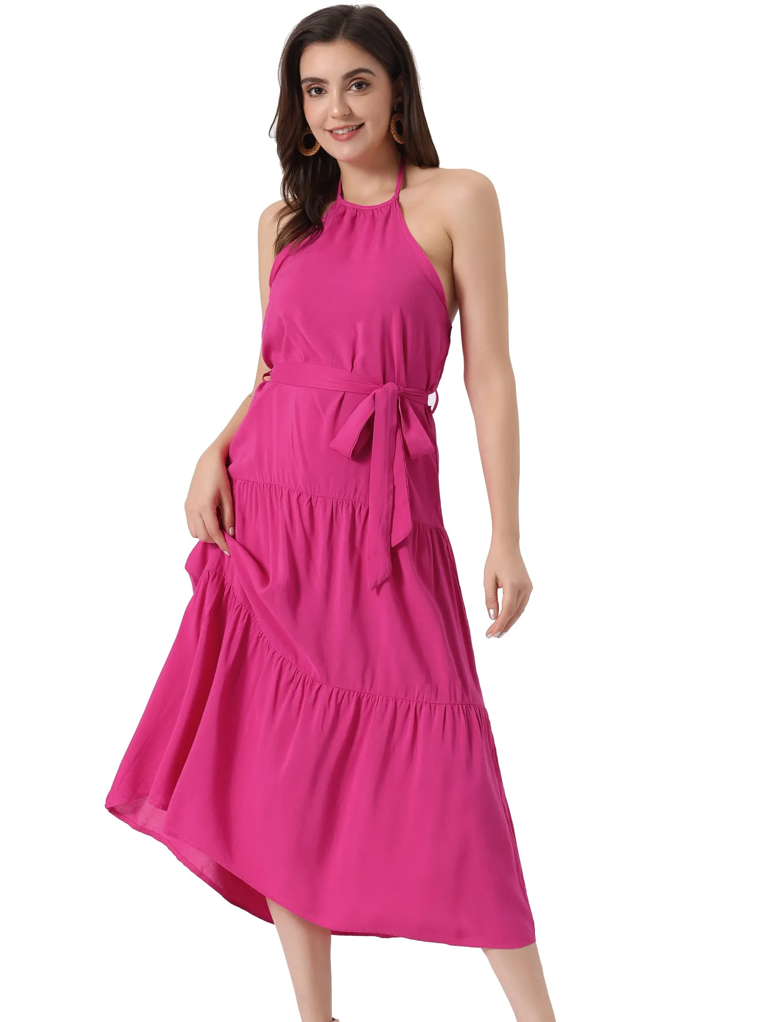 Casual Sleeveless Halter Backless A Line Solid Swing Tiered Dress Sundress sold by Allegra K product image thumbnail 4