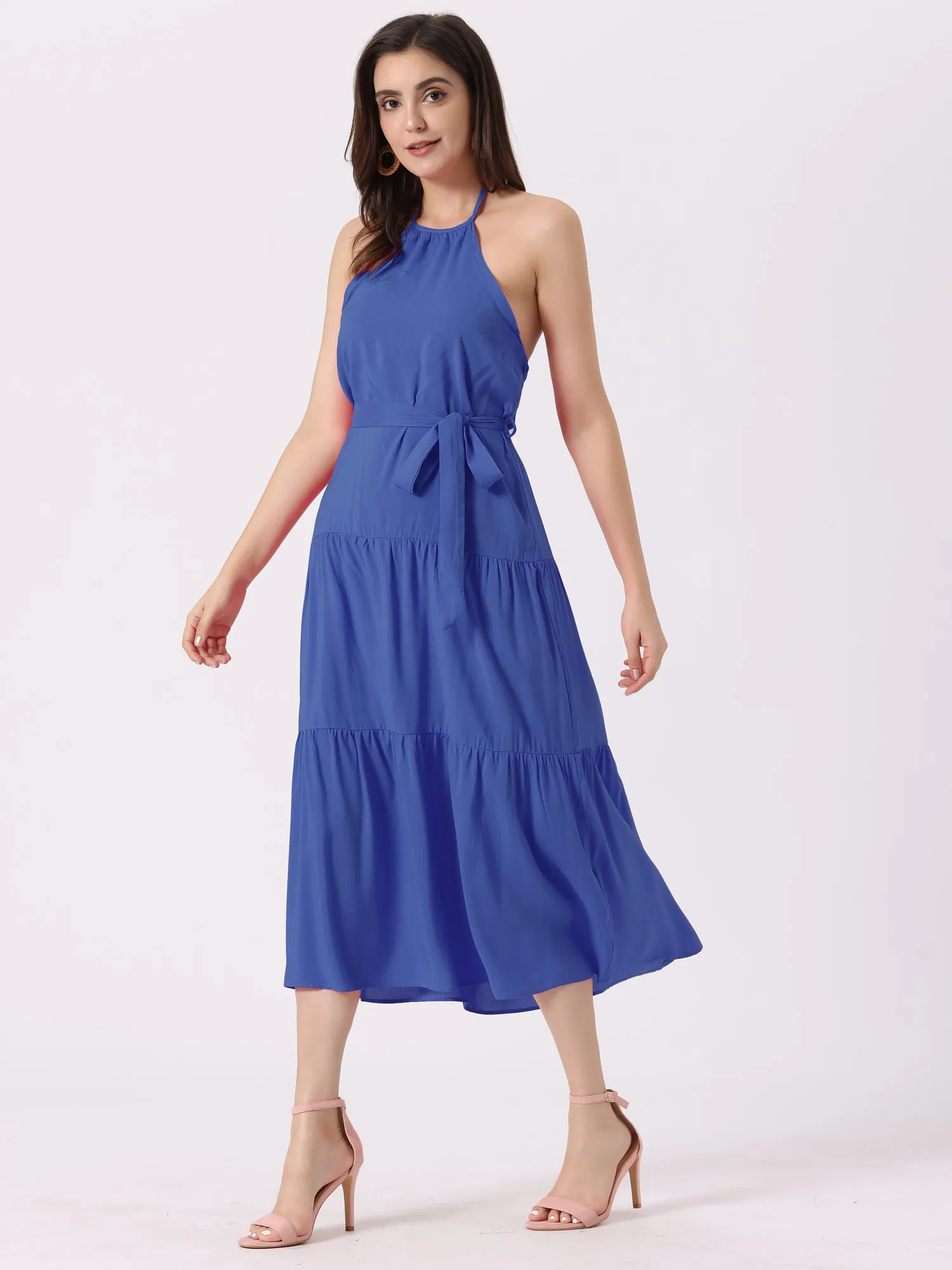 Casual Sleeveless Halter Backless A Line Solid Swing Tiered Dress Sundress sold by Allegra K product image thumbnail 5
