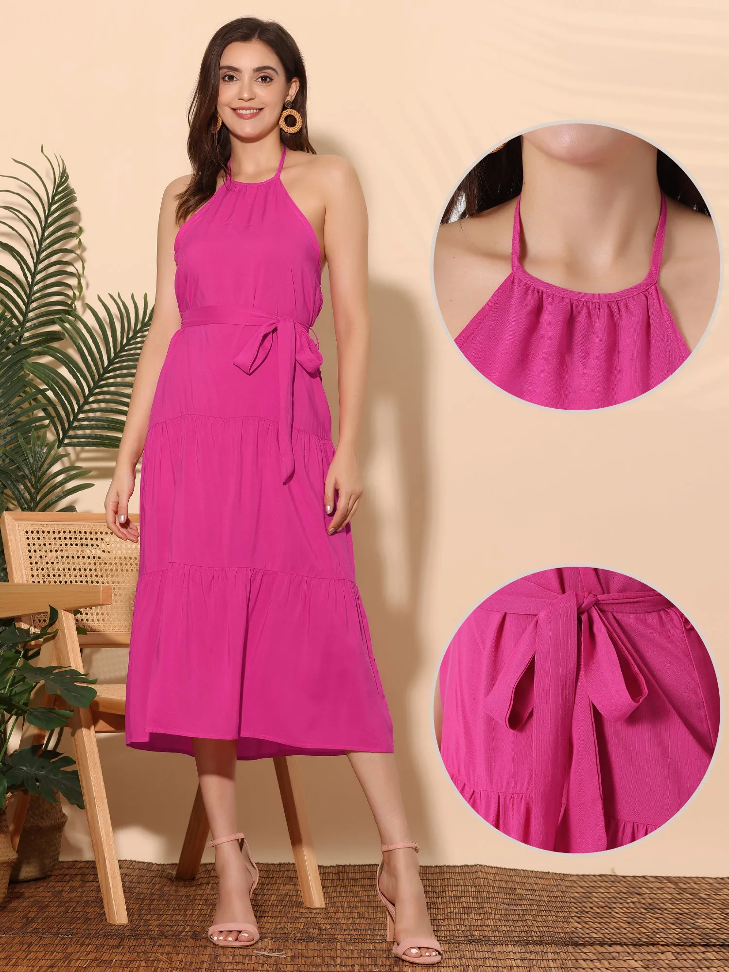 Casual Sleeveless Halter Backless A Line Solid Swing Tiered Dress Sundress sold by Allegra K product image thumbnail 3