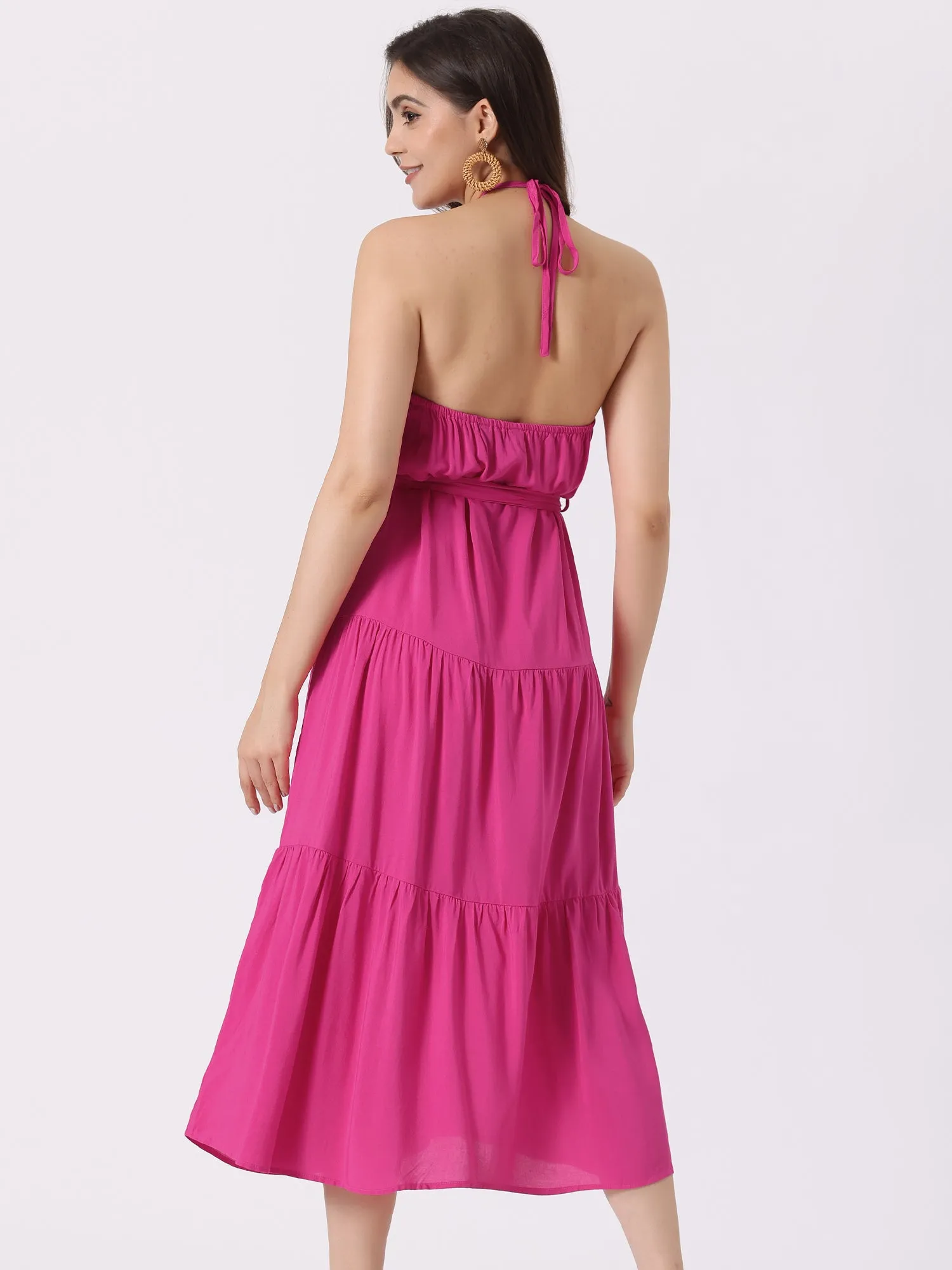 Casual Sleeveless Halter Backless A Line Solid Swing Tiered Dress Sundress sold by Allegra K product image thumbnail 2