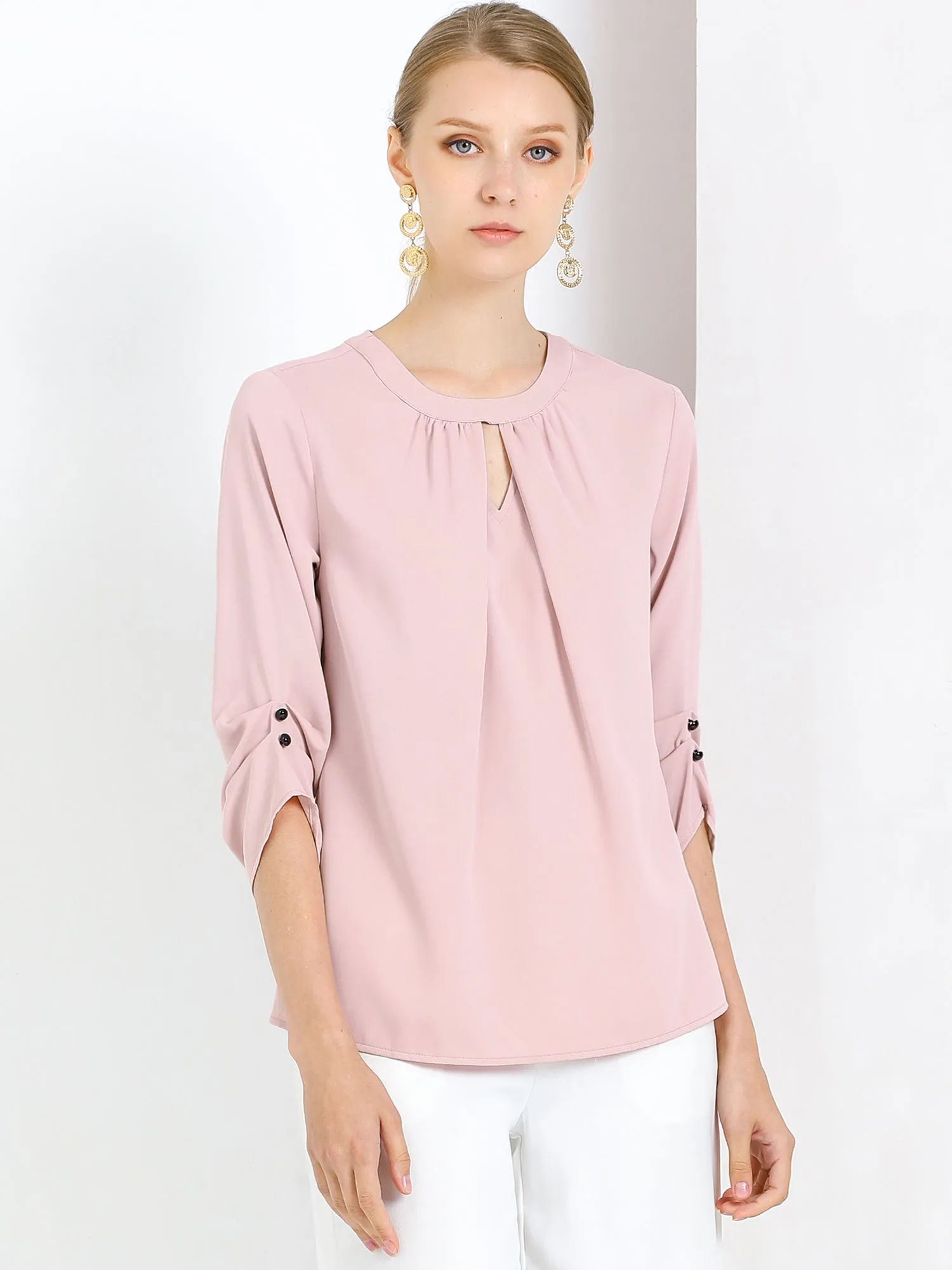 Office Keyhole Pleated Front Ruched 3/4 Sleeve Chiffon Blouse sold by Allegra K product image thumbnail 2