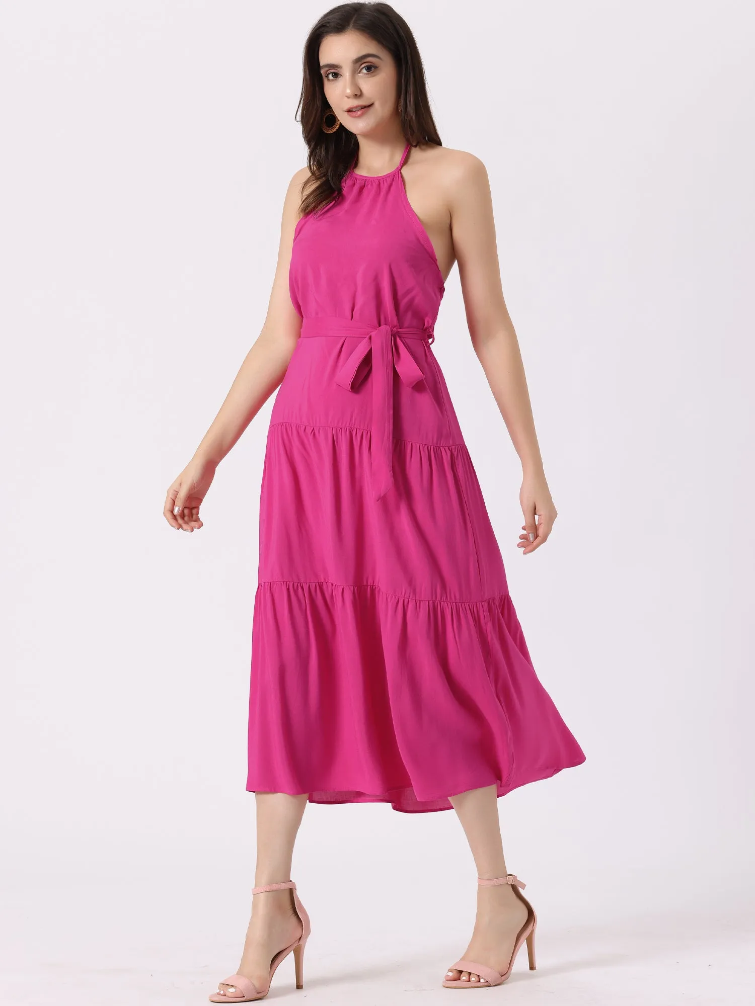 Casual Sleeveless Halter Backless A Line Solid Swing Tiered Dress Sundress sold by Allegra K