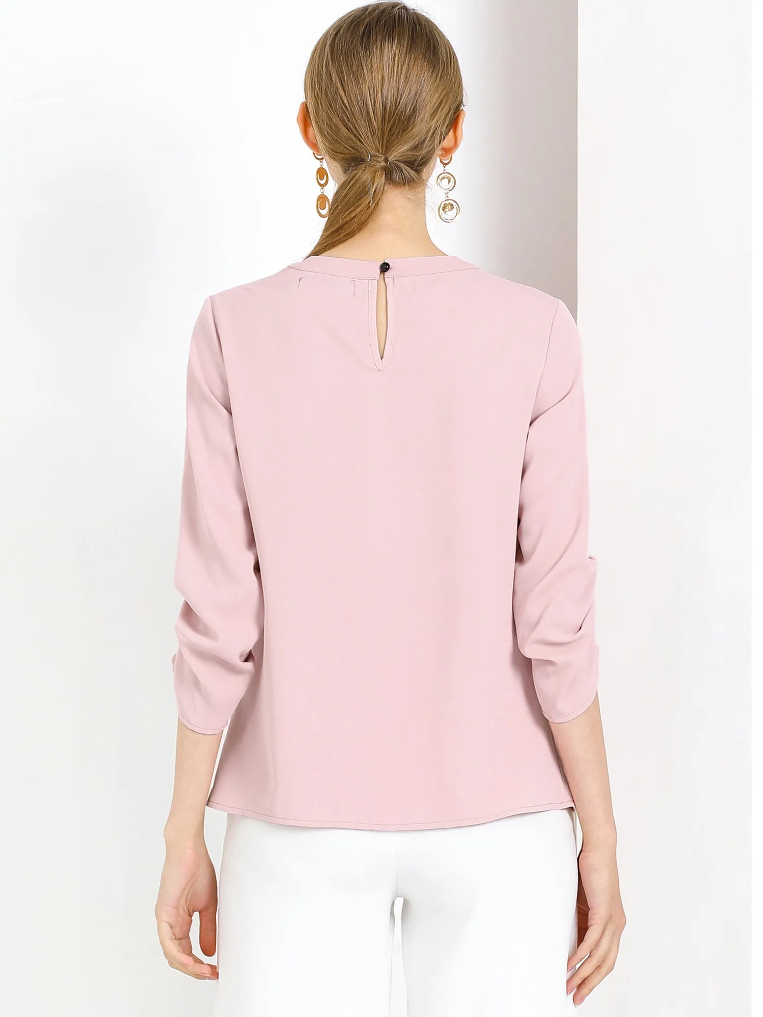 Office Keyhole Pleated Front Ruched 3/4 Sleeve Chiffon Blouse sold by Allegra K product image thumbnail 4