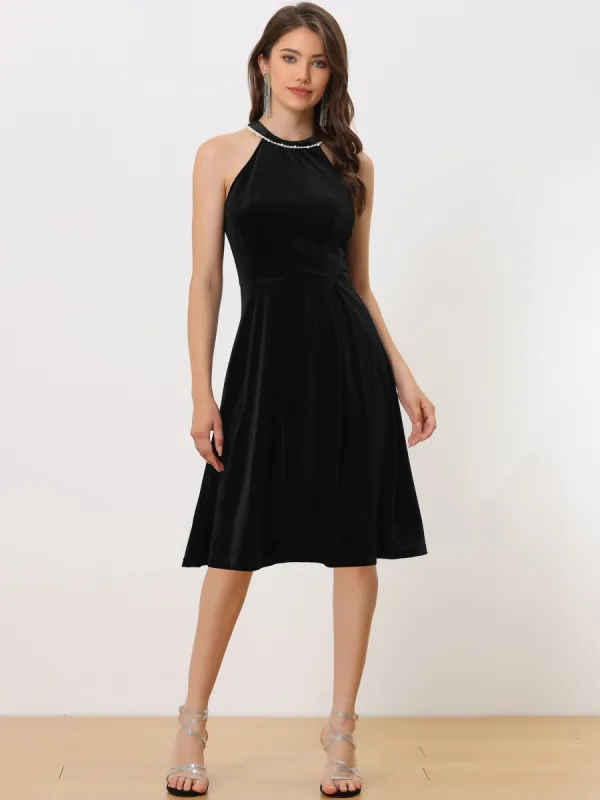 Formal Velvet Pearl Sleeveless Cocktail Halter Dress sold by Allegra K