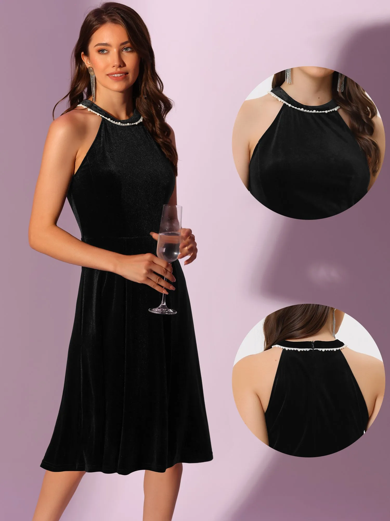 Formal Velvet Pearl Sleeveless Cocktail Halter Dress sold by Allegra K product image thumbnail 2