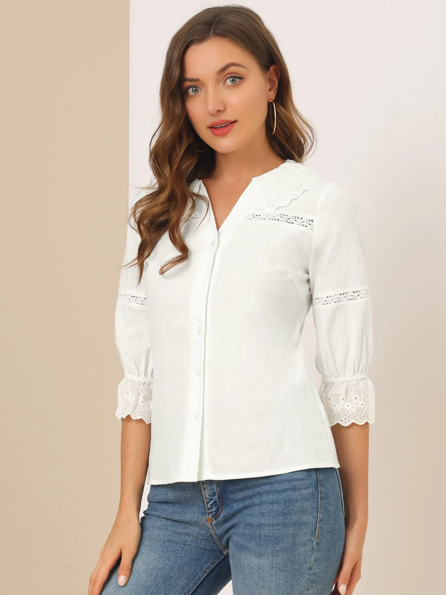 3/4 Sleeve Eyelet Trim Lace Peter Pan Collar Blouse sold by Allegra K product image thumbnail 5