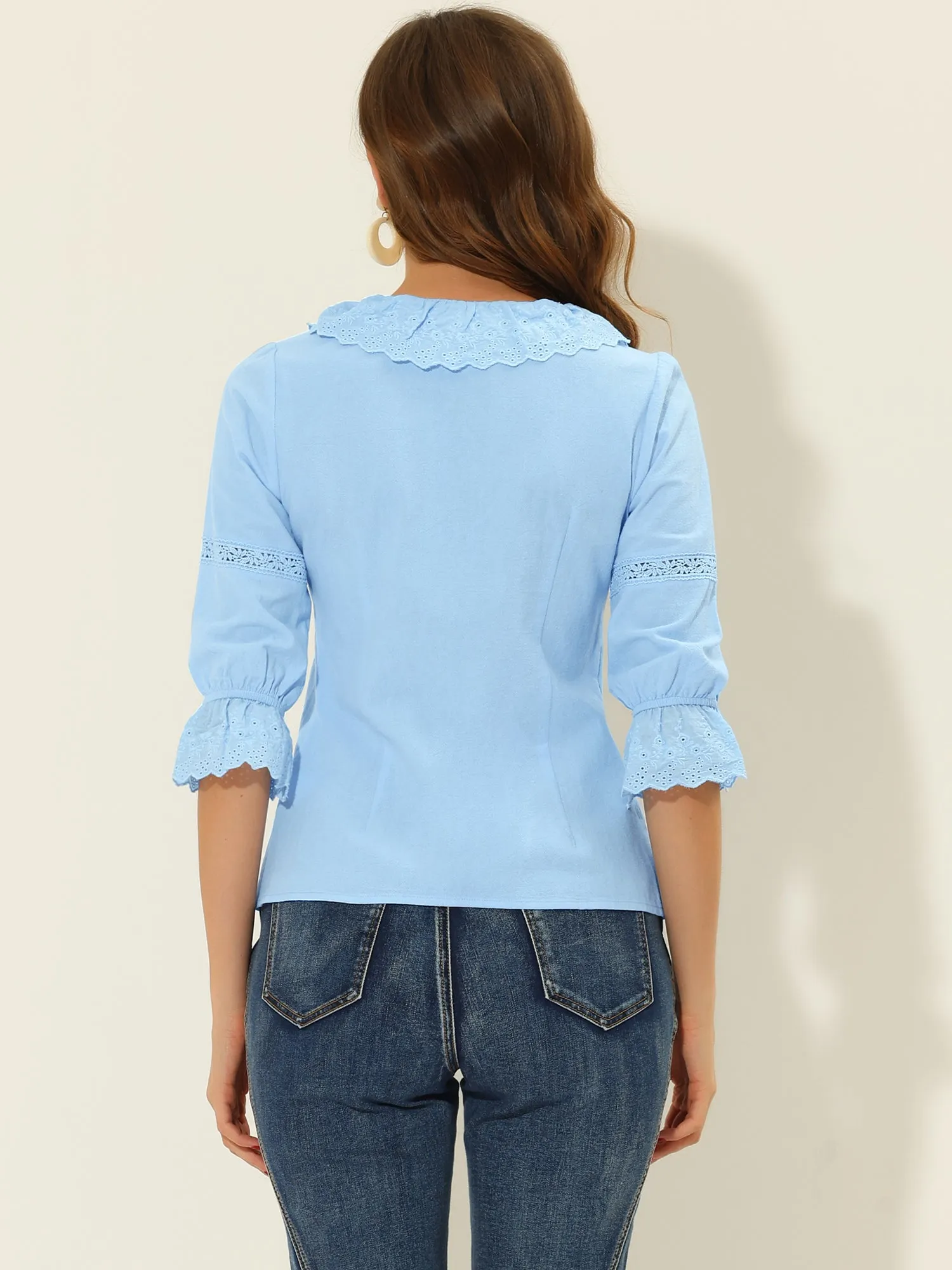 3/4 Sleeve Eyelet Trim Lace Peter Pan Collar Blouse sold by Allegra K product image thumbnail 3