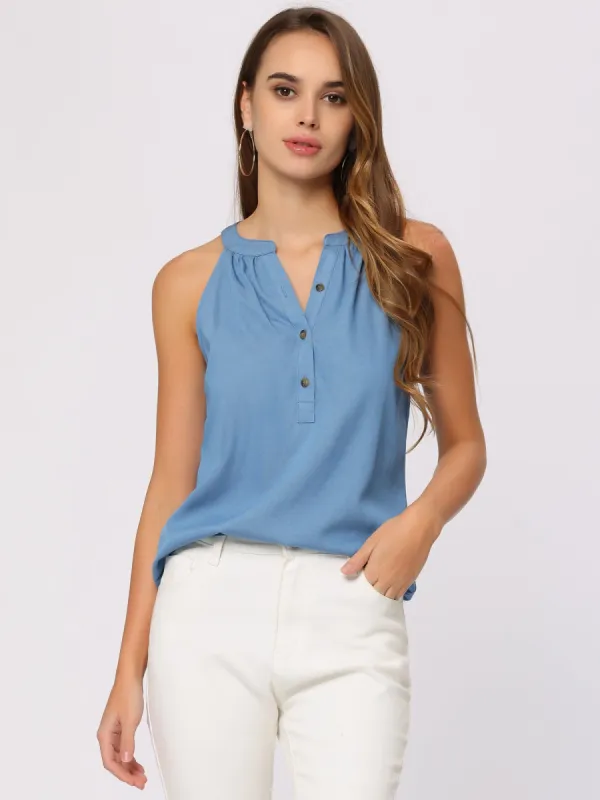 Chambray Sleeveless Blouse Split Neck Button-Up Solid Casual Top sold by Allegra K