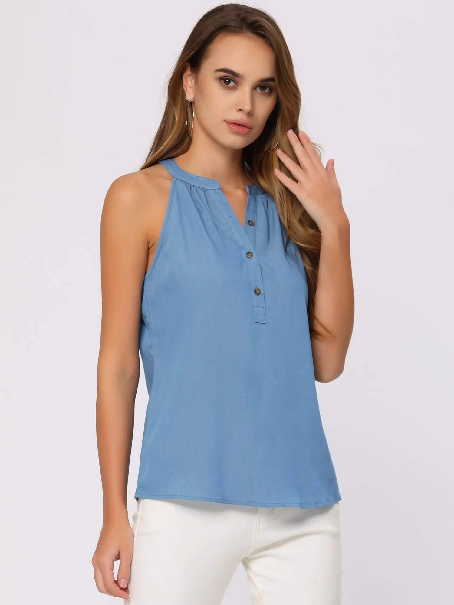 Chambray Sleeveless Blouse Split Neck Button-Up Solid Casual Top sold by Allegra K product image thumbnail 2