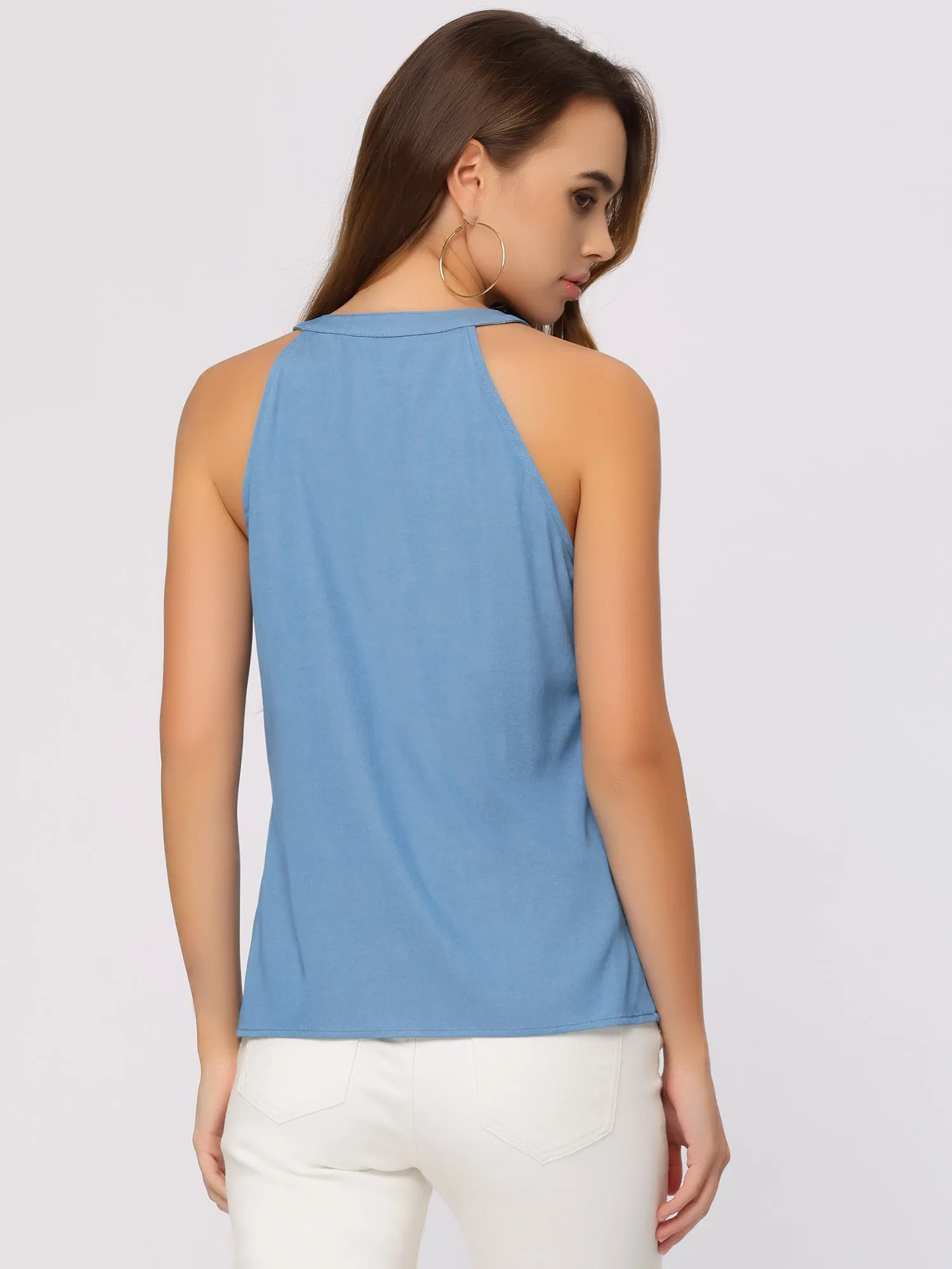 Chambray Sleeveless Blouse Split Neck Button-Up Solid Casual Top sold by Allegra K product image thumbnail 4