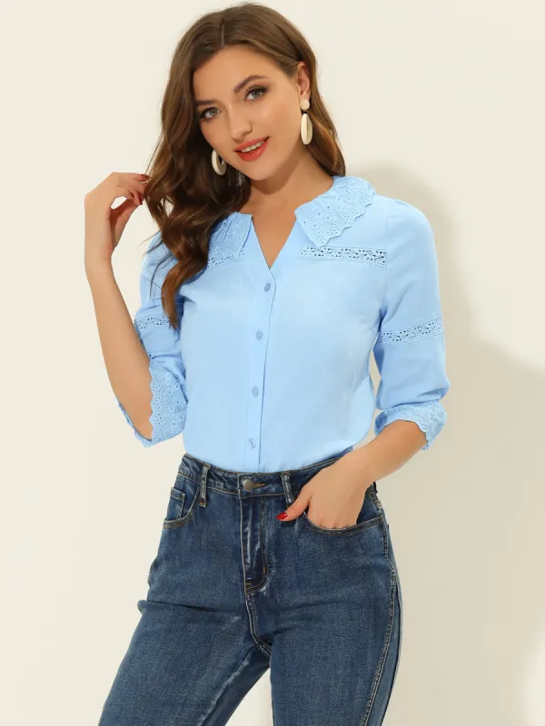 3/4 Sleeve Eyelet Trim Lace Peter Pan Collar Blouse sold by Allegra K