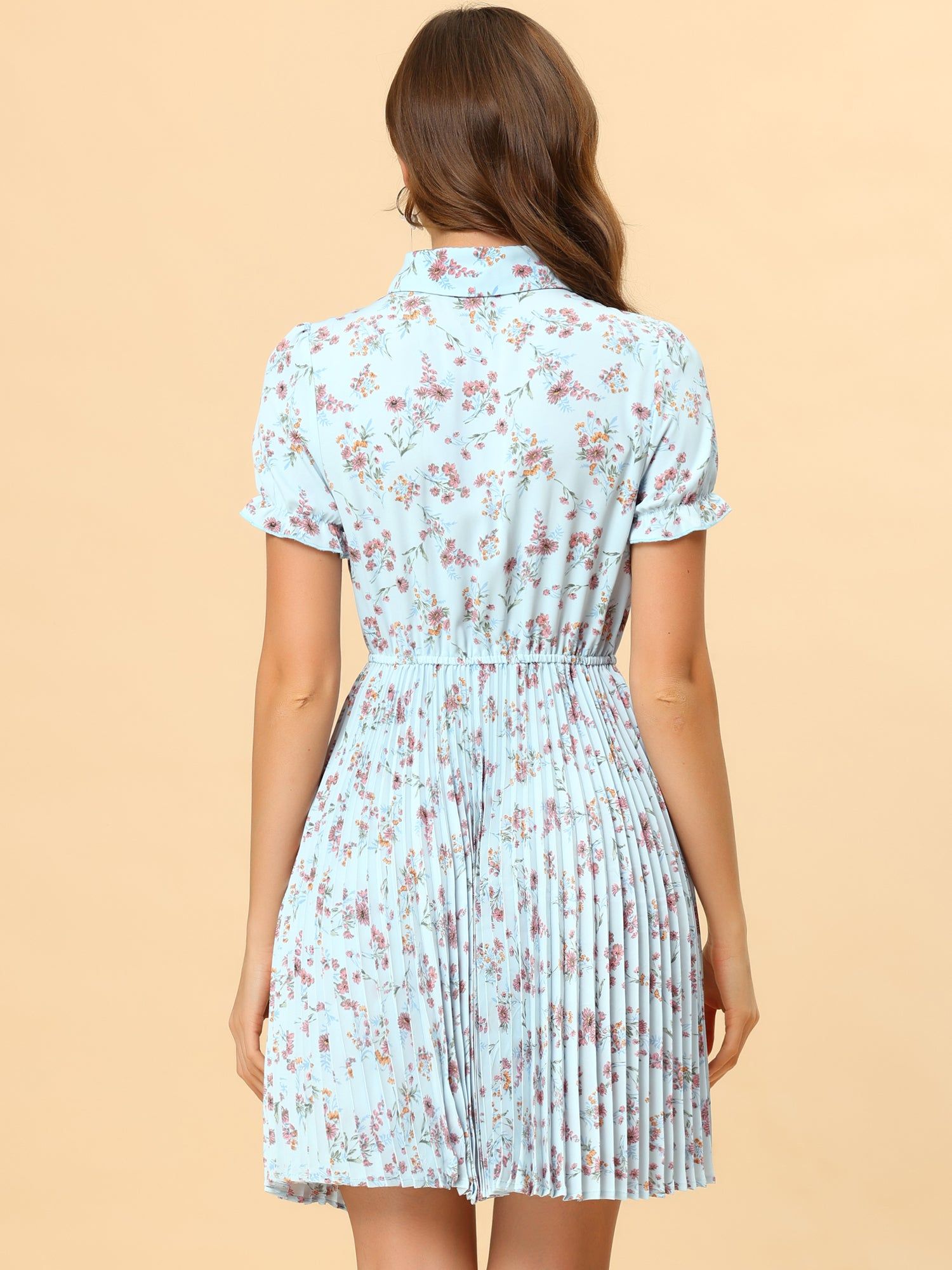 Floral Point Collar Half Placket Ruffle Puff Sleeve Pleated Dress sold by Allegra K product image thumbnail 3