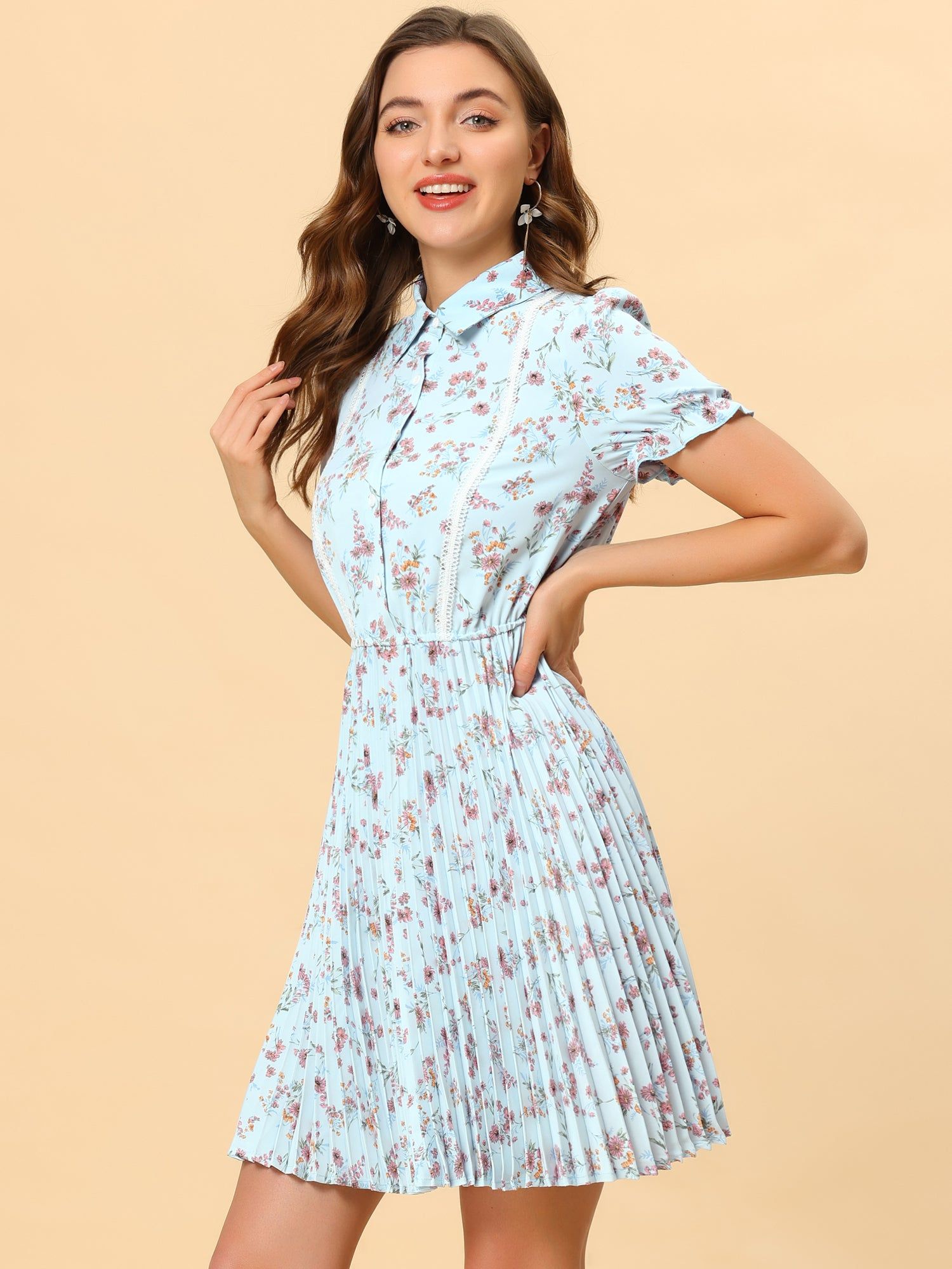 Floral Point Collar Half Placket Ruffle Puff Sleeve Pleated Dress sold by Allegra K product image thumbnail 2