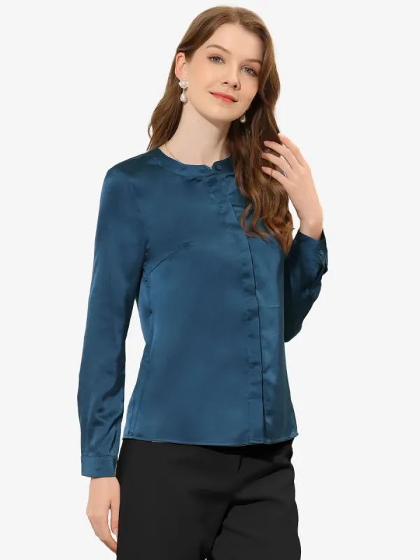 Satin Round Neck Long Sleeve Solid Button Down Office Blouse sold by Allegra K