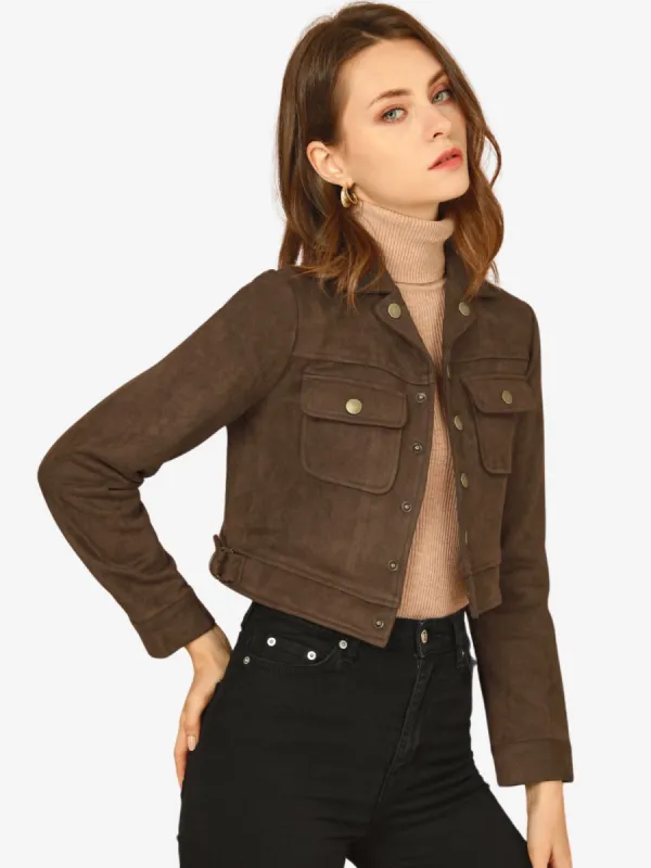 Faux Suede Jacket Button Down Collar Pockets Crop Moto Biker Coat sold by Allegra K