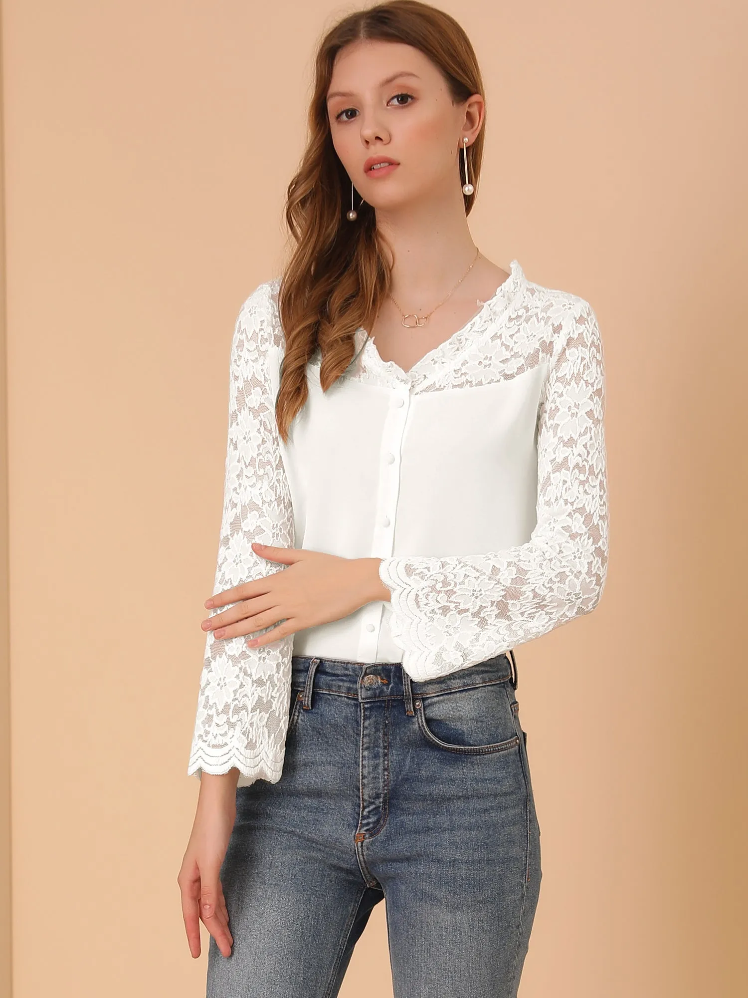 Chiffon Lace Panel Long Sleeve V Neck Button-Down Blouse sold by Allegra K product image thumbnail 2